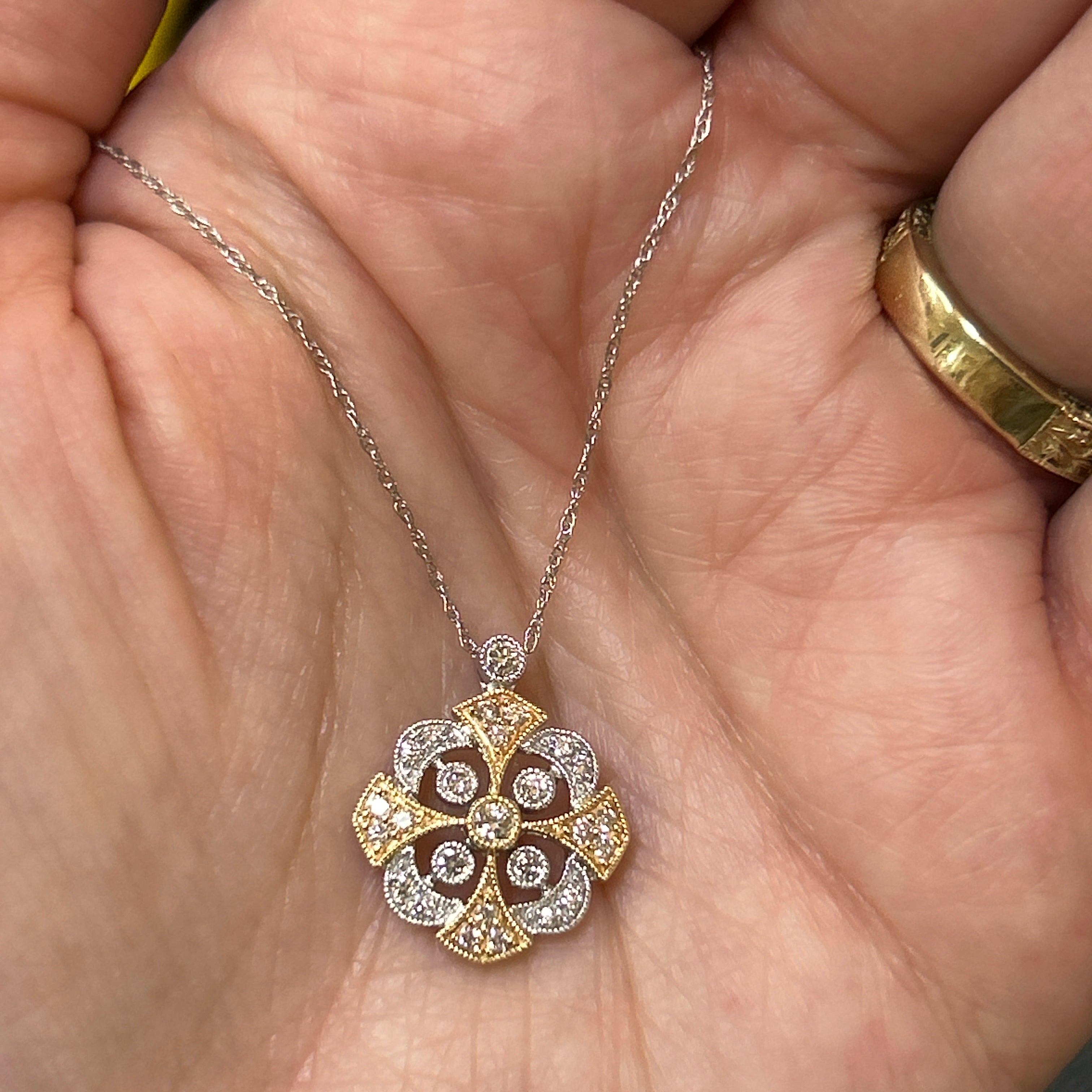 14K Yellow and White Gold 2.5g 1/3 Carat Total Weight Natural Diamond Milgrain Vintage Inspired Pendant with Chain