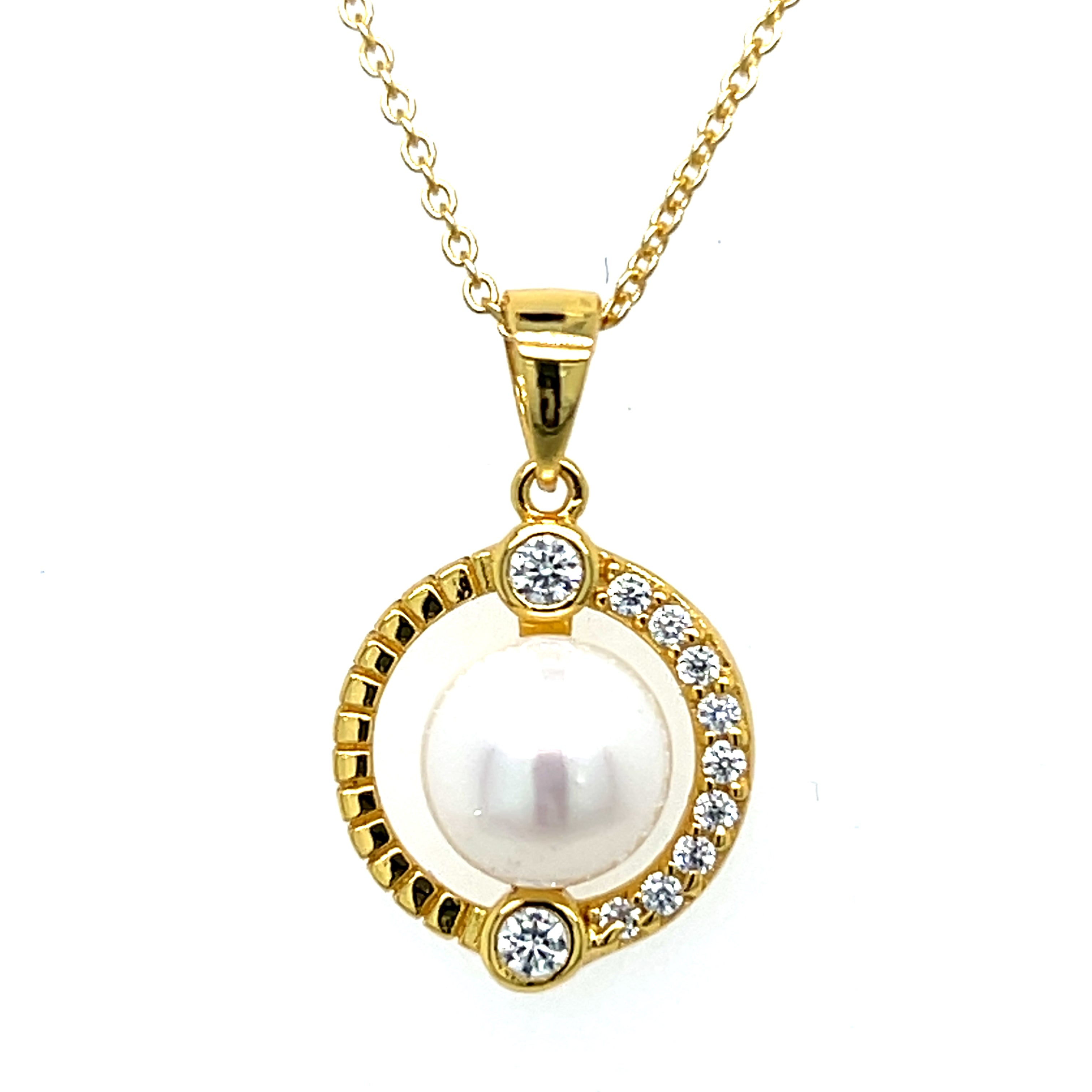 Sterling Silver Yellow Rhodium Pearl in Circle with Cubic Zirconia Halo Pendant and Earring Set