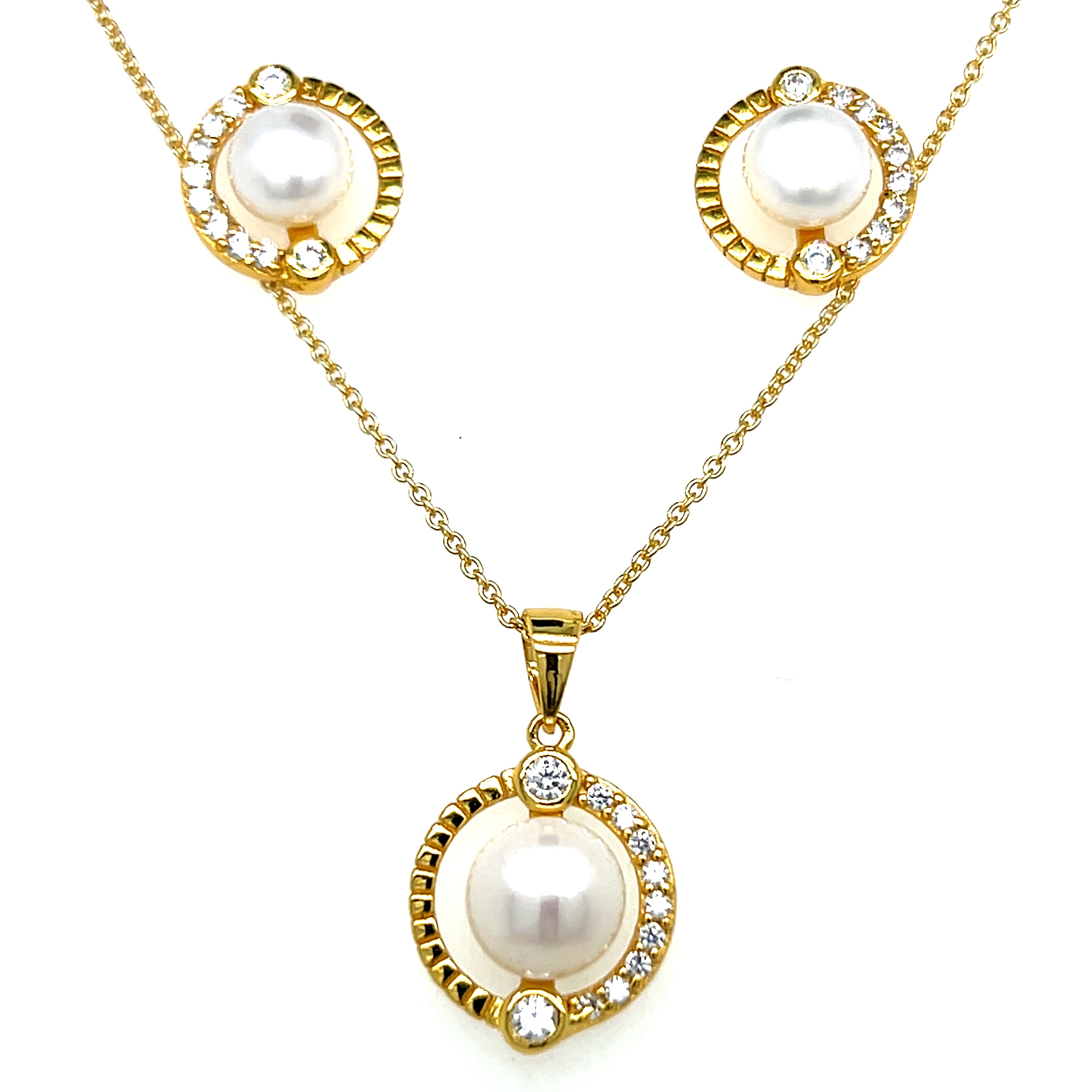 Sterling Silver Yellow Rhodium Pearl in Circle with Cubic Zirconia Halo Pendant and Earring Set