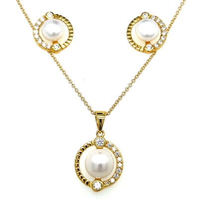 Sterling Silver Yellow Rhodium Pearl in Circle with Cubic Zirconia Halo Pendant and Earring Set