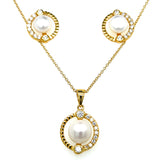 Sterling Silver Yellow Rhodium Pearl in Circle with Cubic Zirconia Halo Pendant and Earring Set