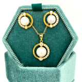 Sterling Silver Yellow Rhodium Pearl in Circle with Cubic Zirconia Halo Pendant and Earring Set