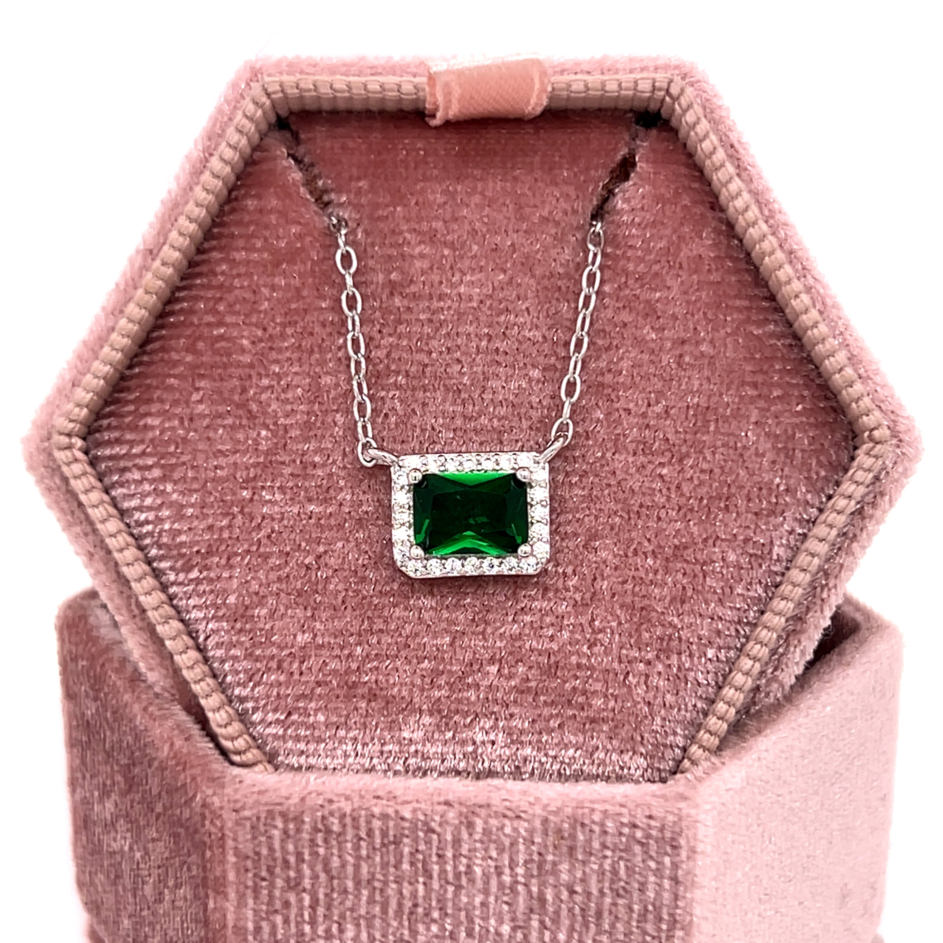 Sterling Silver Emerald Cut Green Stone and Cubic Zirconia Halo Necklace
