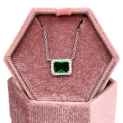 Sterling Silver Emerald Cut Green Stone and Cubic Zirconia Halo Necklace