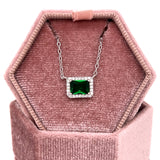 Sterling Silver Emerald Cut Green Stone and Cubic Zirconia Halo Necklace