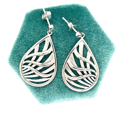 Sterling Silver Sandblasted and Shiny Waves of the Sea in Water Drop Shape Post Earrings