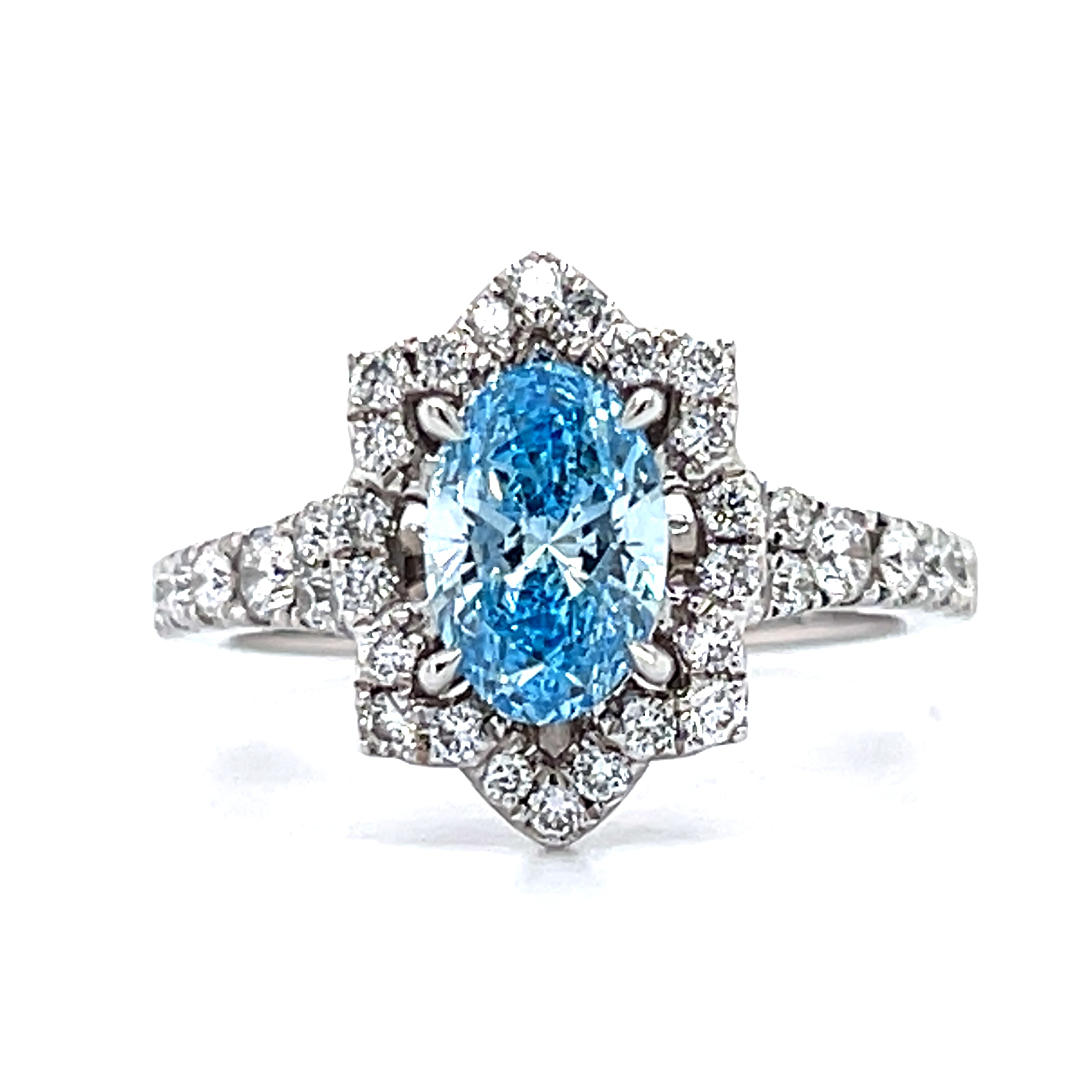 18K White Gold 1.86 Carat Total Weight (1.01CT Color Fancy Vivid Blue, Clarity VS2 Oval Center) Lab Grown Diamond Fancy Ring KR20795OV100 # NC, [IGI 649443367]