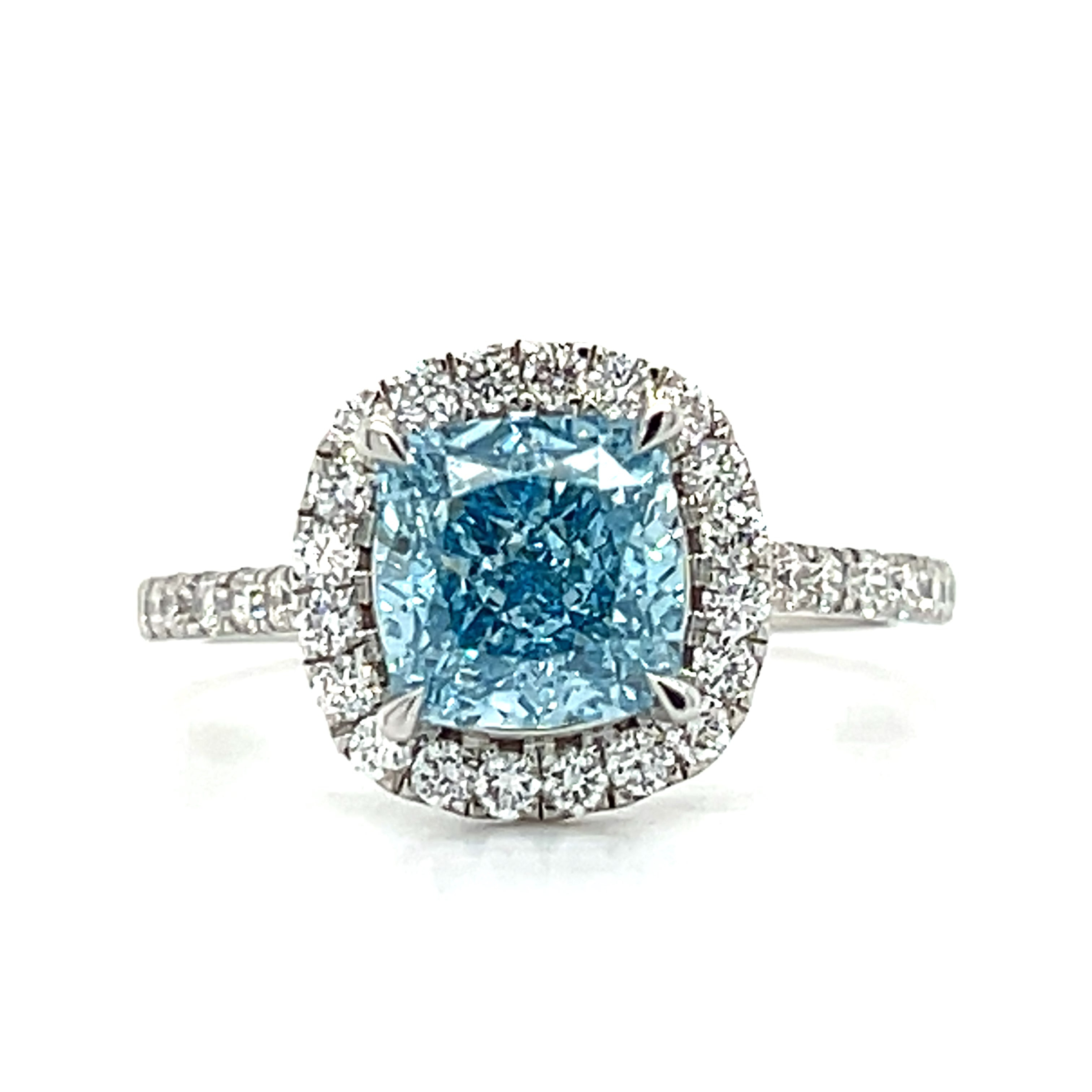 14K White Gold Lab Grown 2.68 Carat Total Weight (2.19CT Color Fancy Vivid Blue, Clarity VS1 Cushion Cut Center) Diamond Ring KJR17852-SCUS-2.00CT-BLUE # IGI, 37J7774125 [IGI 687561058]