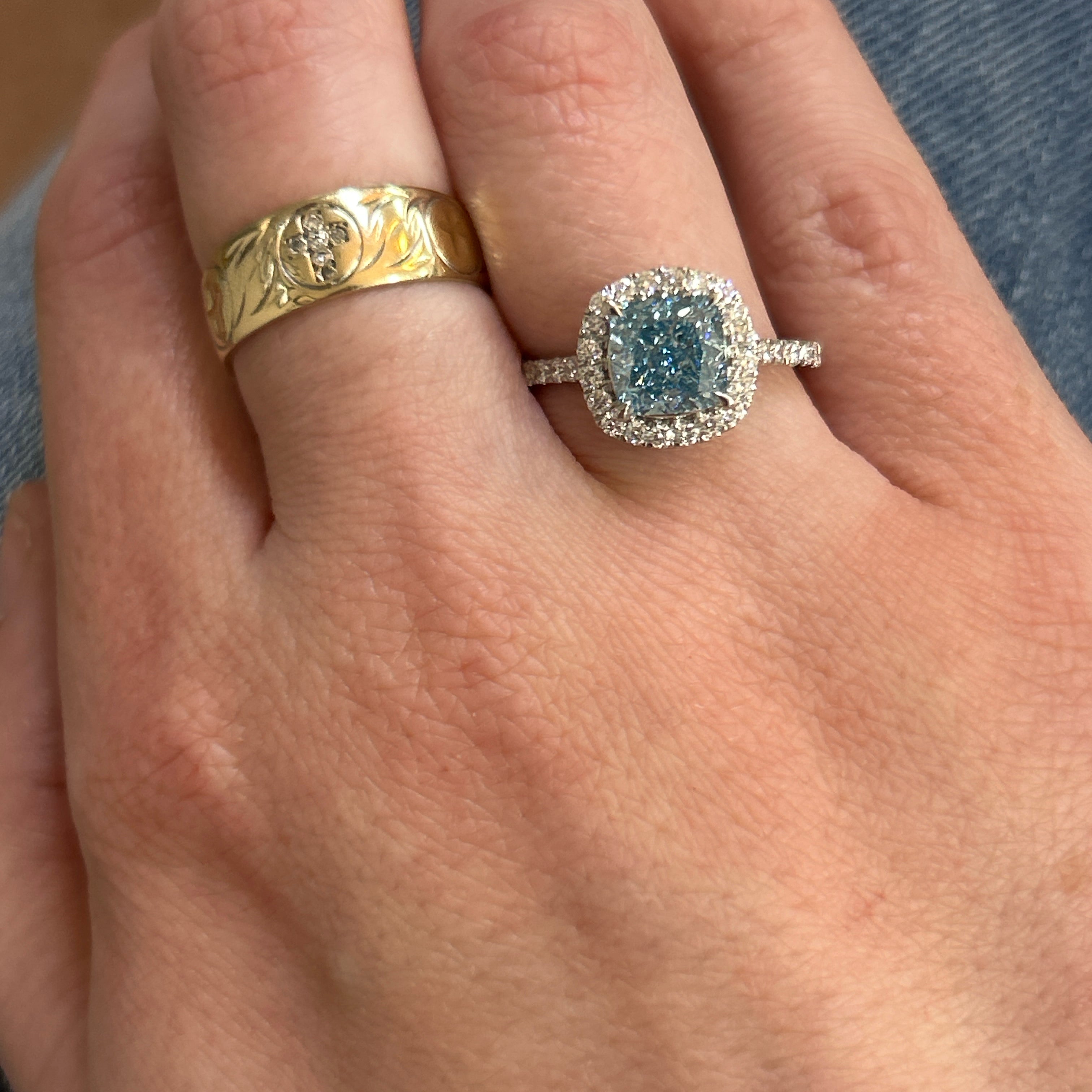 14K White Gold Lab Grown 2.68 Carat Total Weight (2.19CT Color Fancy Vivid Blue, Clarity VS1 Cushion Cut Center) Diamond Ring KJR17852-SCUS-2.00CT-BLUE # IGI, 37J7774125 [IGI 687561058]
