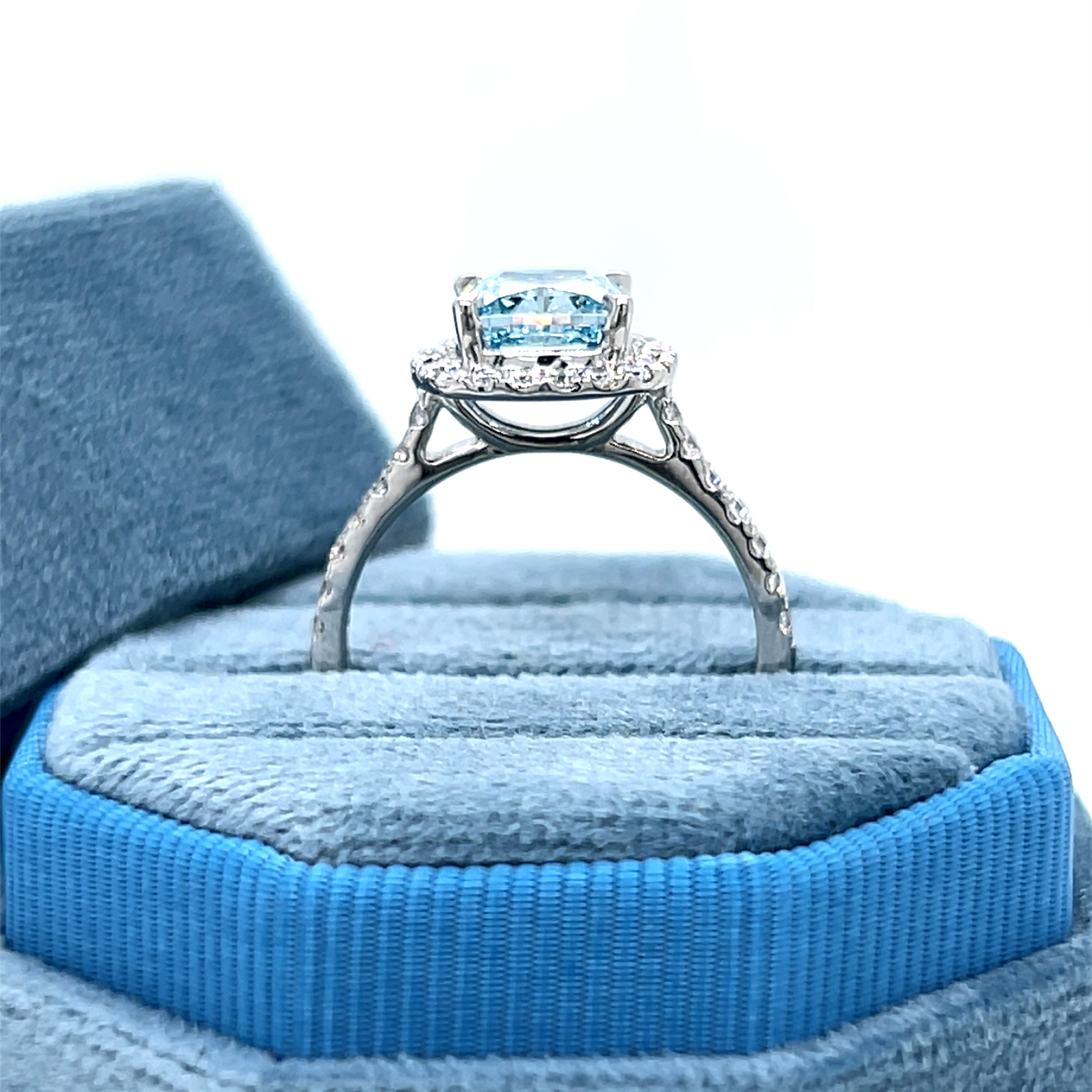 14K White Gold Lab Grown 2.68 Carat Total Weight (2.19CT Color Fancy Vivid Blue, Clarity VS1 Cushion Cut Center) Diamond Ring KJR17852-SCUS-2.00CT-BLUE # IGI, 37J7774125 [IGI 687561058]