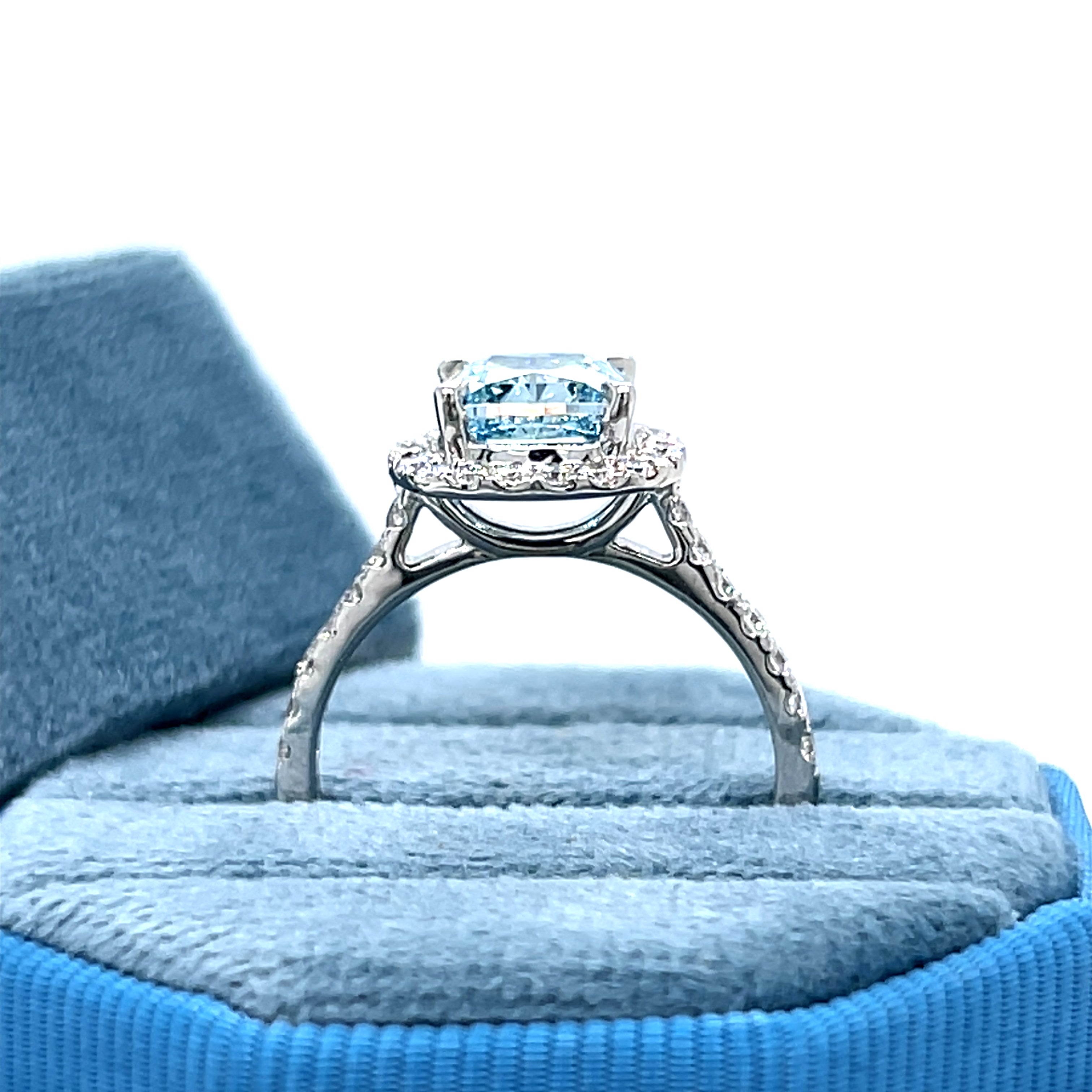 14K White Gold Lab Grown 2.68 Carat Total Weight (2.19CT Color Fancy Vivid Blue, Clarity VS1 Cushion Cut Center) Diamond Ring KJR17852-SCUS-2.00CT-BLUE # IGI, 37J7774125 [IGI 687561058]