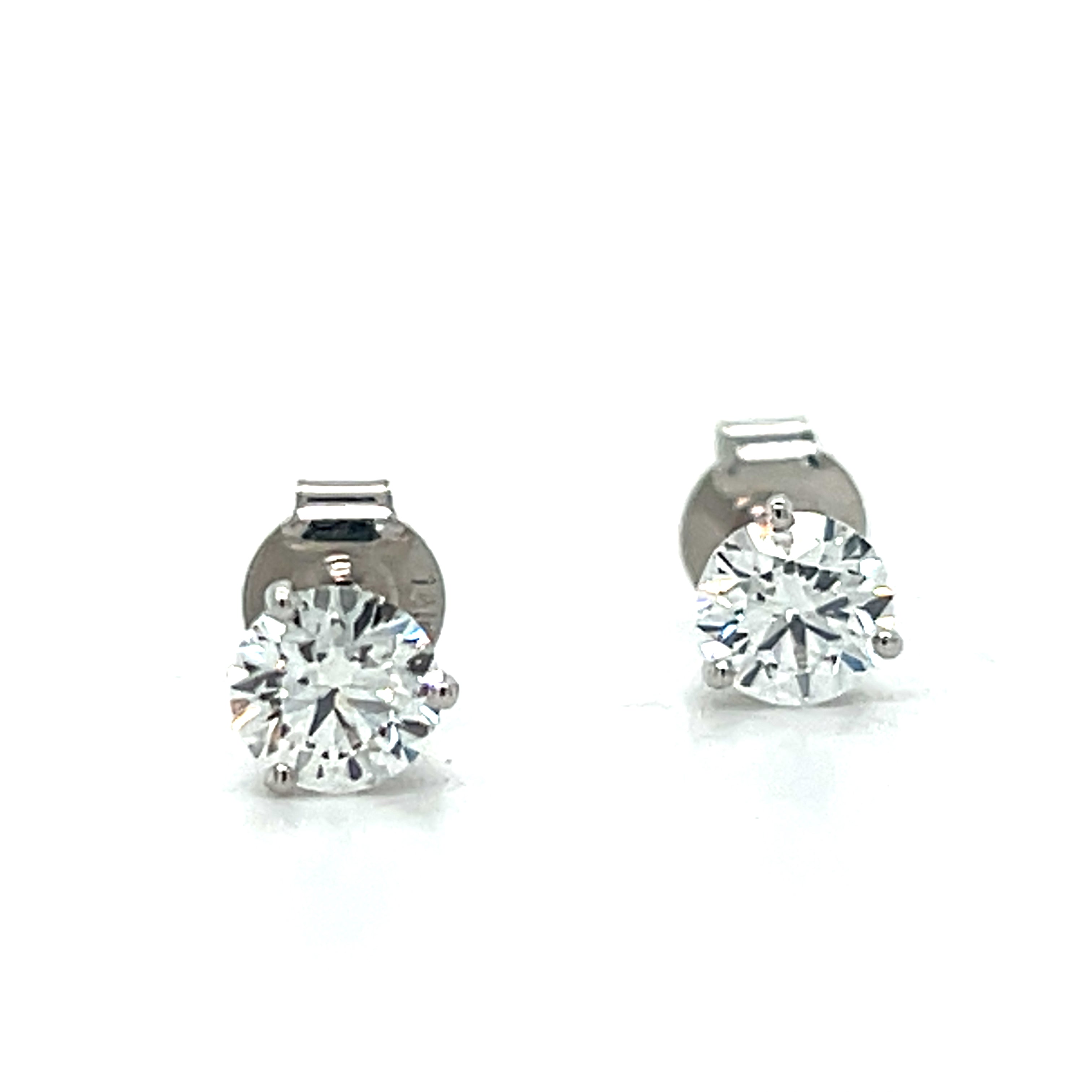 14K White Gold 0.97 Carat Total Weight Lab Grown Diamond 3 Prong Push Back Stud Earrings KJE7828-RD-1.00 #NC