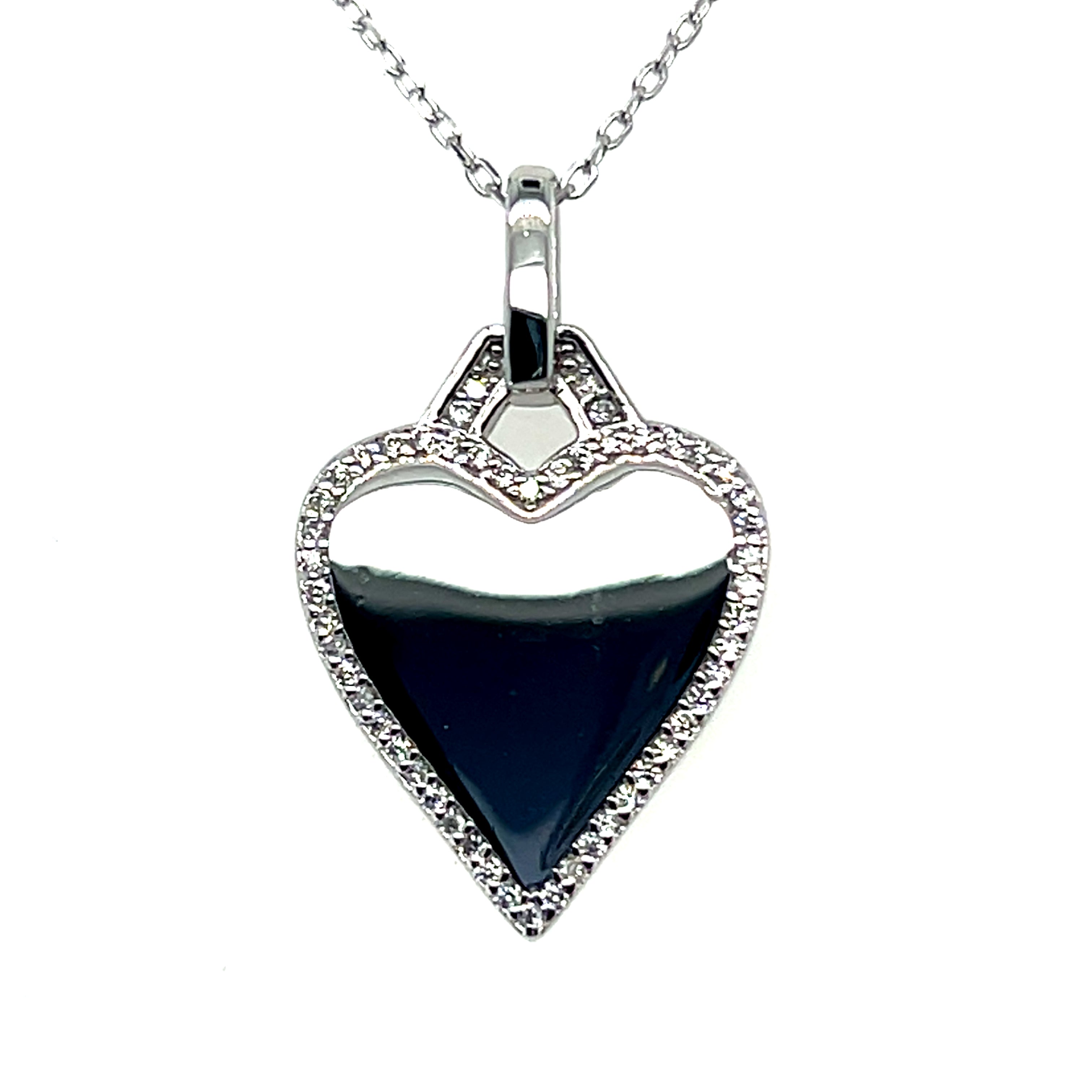 Sterling Silver Polished Heart Cubic Zirconia Border Necklace 16+2"