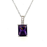 Sterling Silver Rodium Plated Emerald Cut Purple Cubic Zirconia Pendant and Earring Set