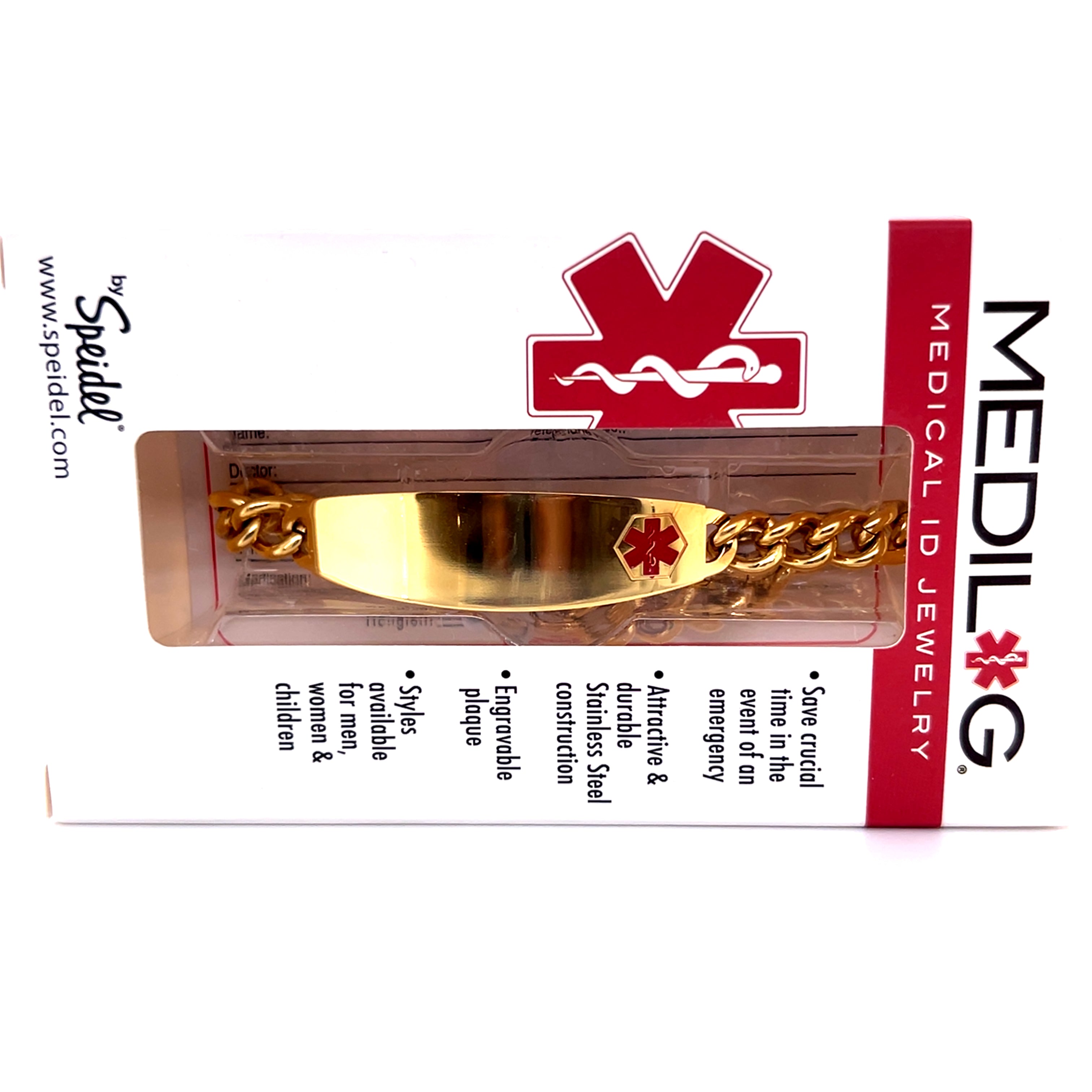 Medilog ID Stainless Steel Bracelet and Plaque with Raised Attached Medilog Charm
