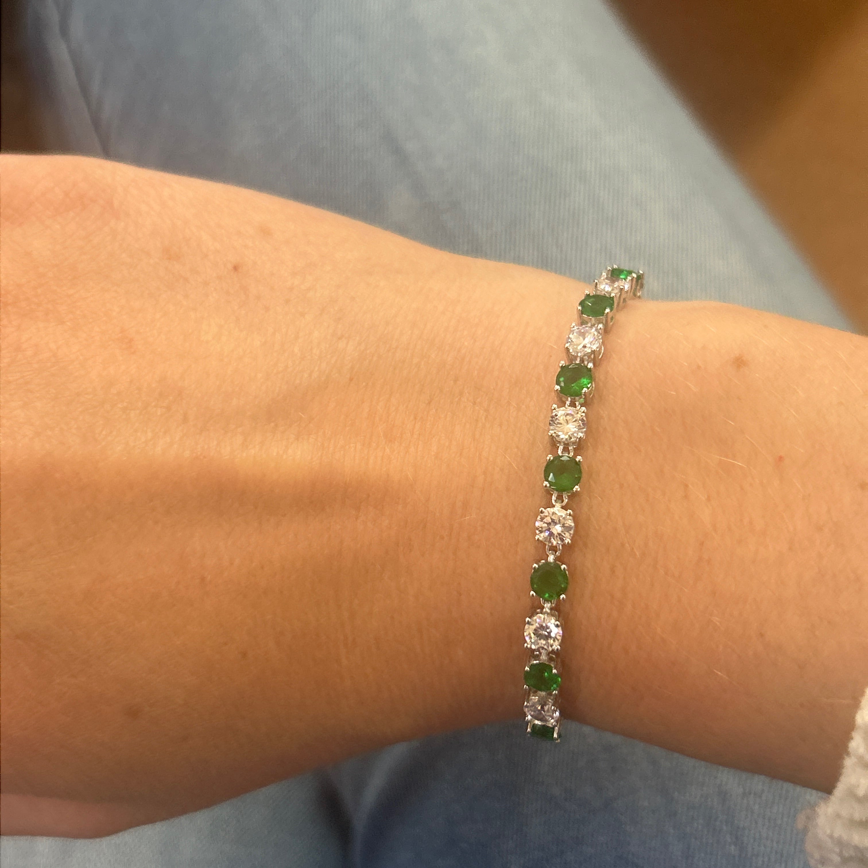 Sterling Silver Green/White Cubic Zirconia Bolo Bracelet