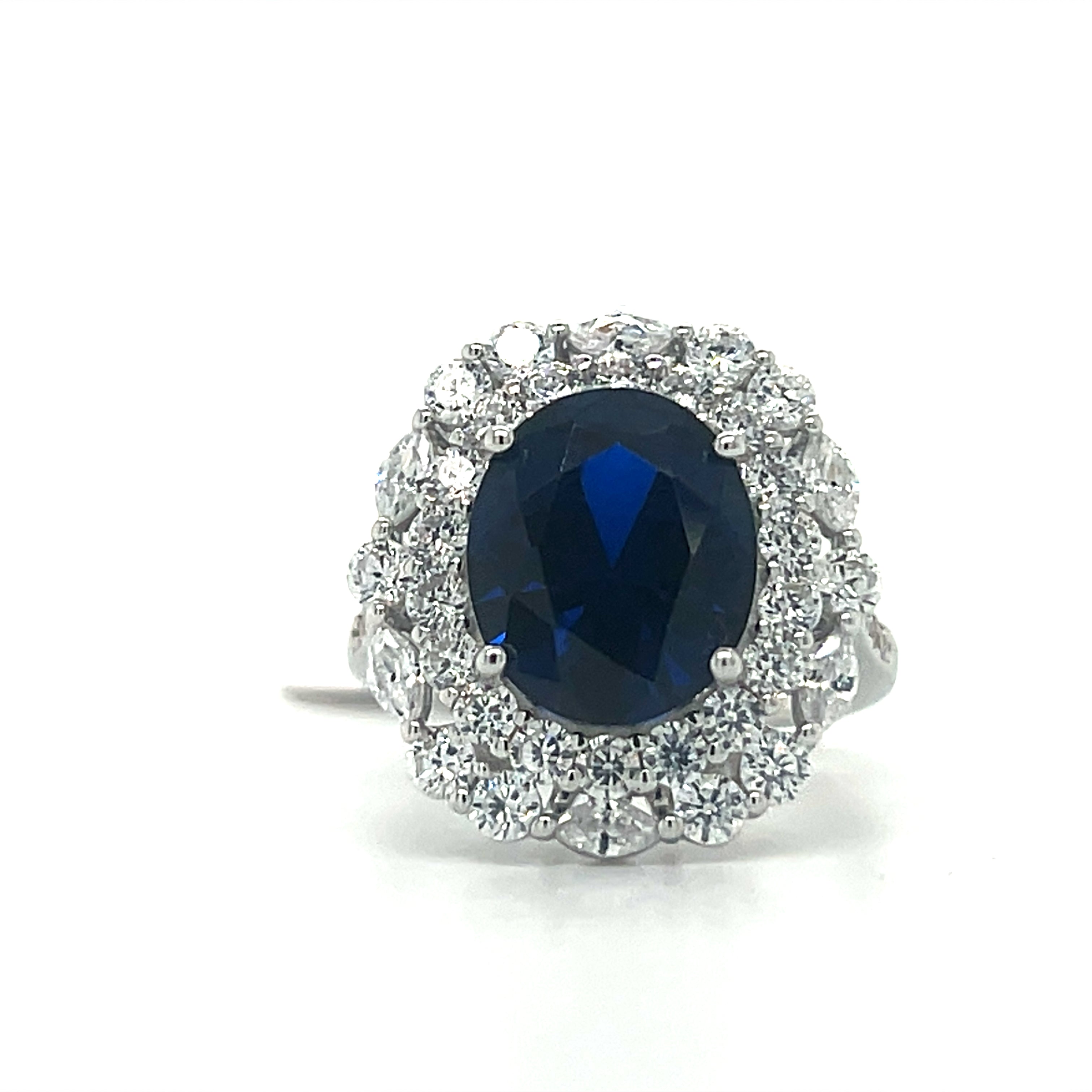 Sterling Silver Blue/White Cubic Zirconia Oval Ring Size 8