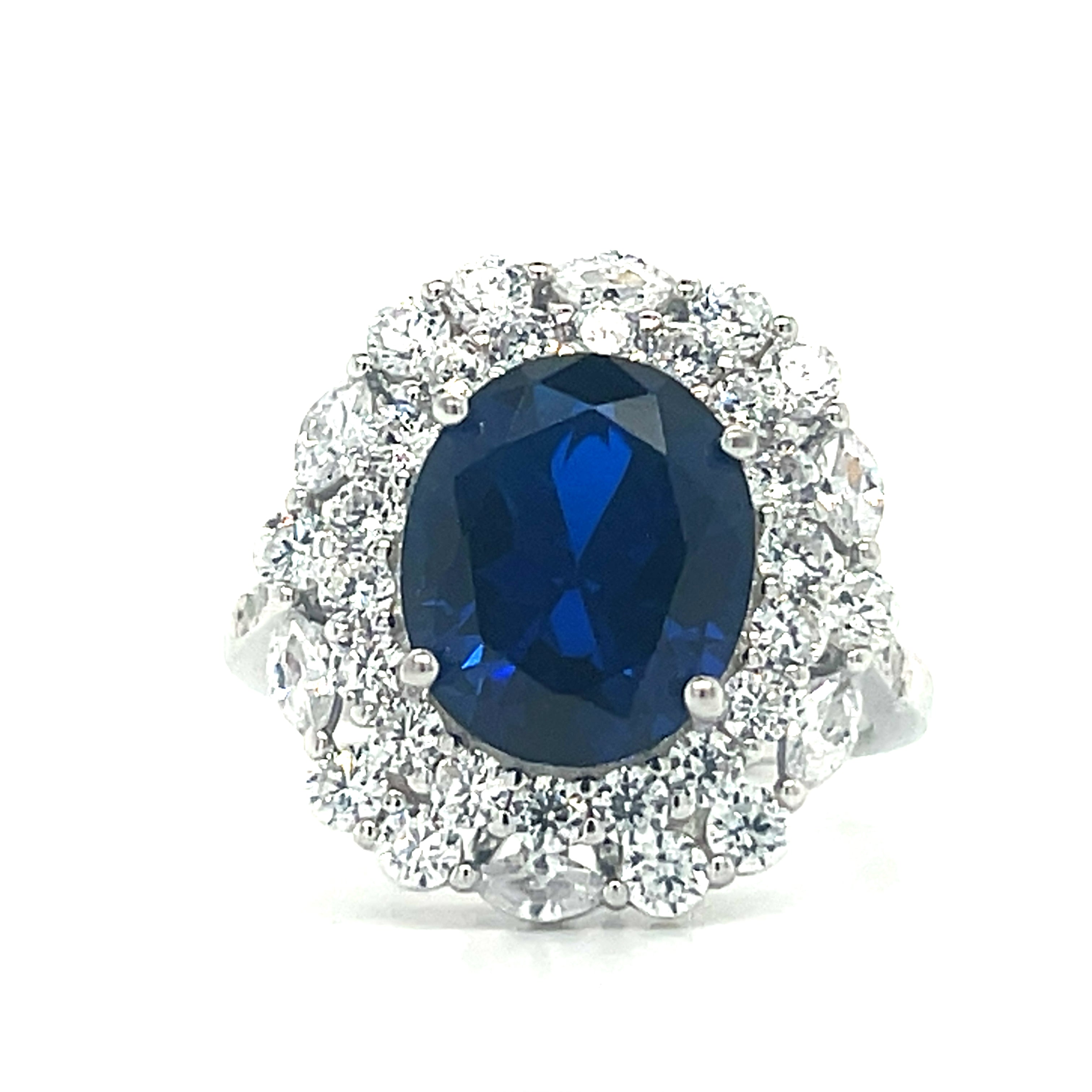 Sterling Silver Blue/White Cubic Zirconia Oval Ring Size 9