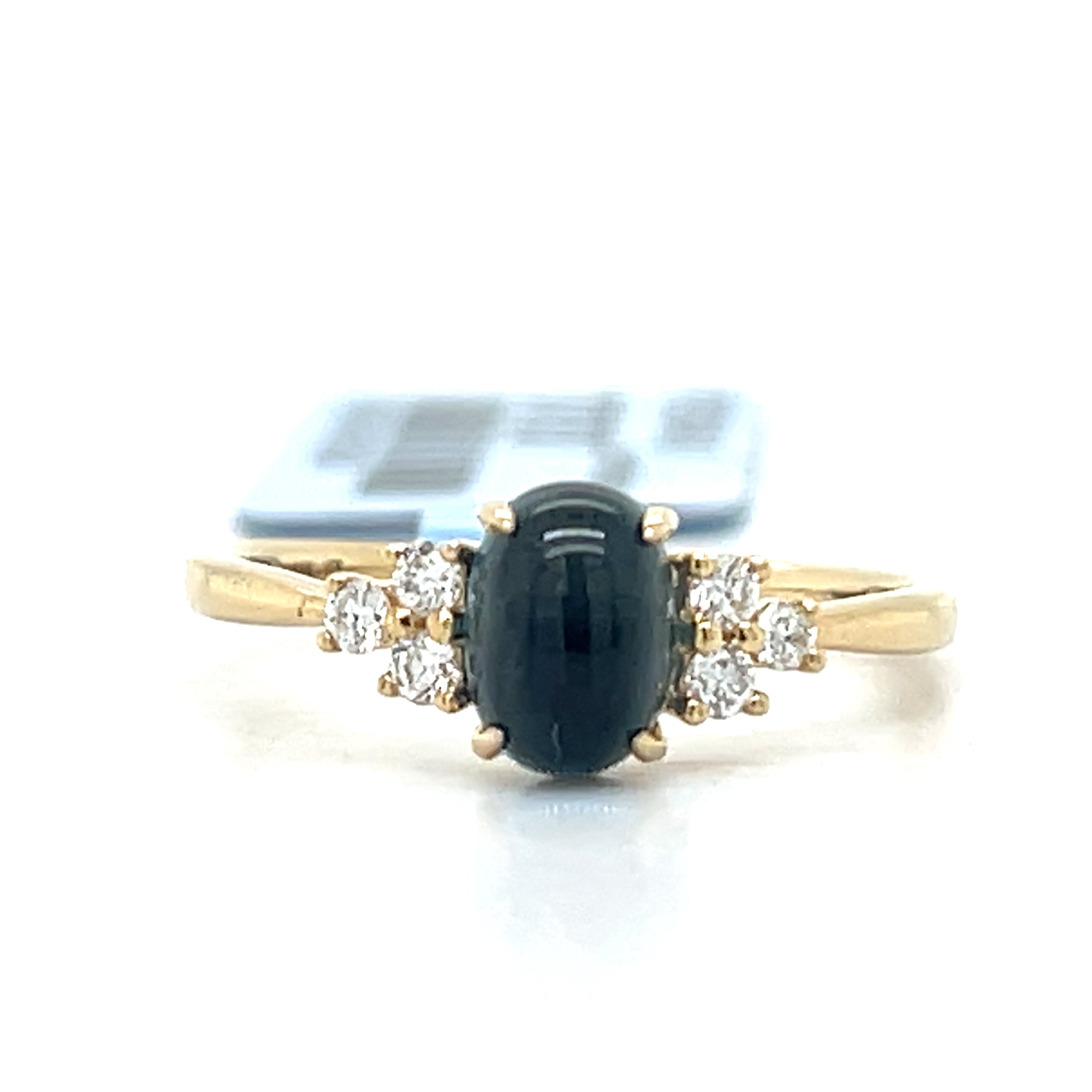 14K Yelllow Gold Oval Cabochon Cat's Eye Inspired London Blue Topaz & Diamond Accent Ring