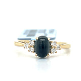 14K Yelllow Gold Oval Cabochon Cat's Eye Inspired London Blue Topaz & Diamond Accent Ring