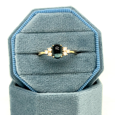 14K Yelllow Gold Oval Cabochon Cat's Eye Inspired London Blue Topaz & Diamond Accent Ring
