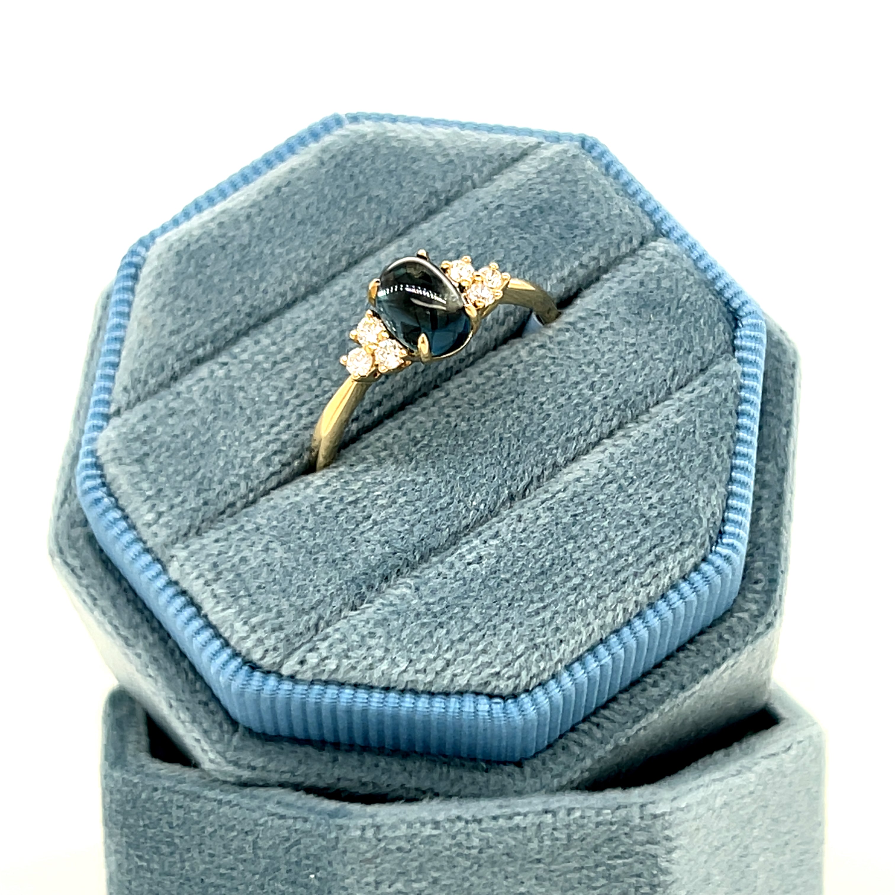 14K Yelllow Gold Oval Cabochon Cat's Eye Inspired London Blue Topaz & Diamond Accent Ring