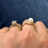 14K Yellow Gold Pearl Ring with Flowing Diamond Accents