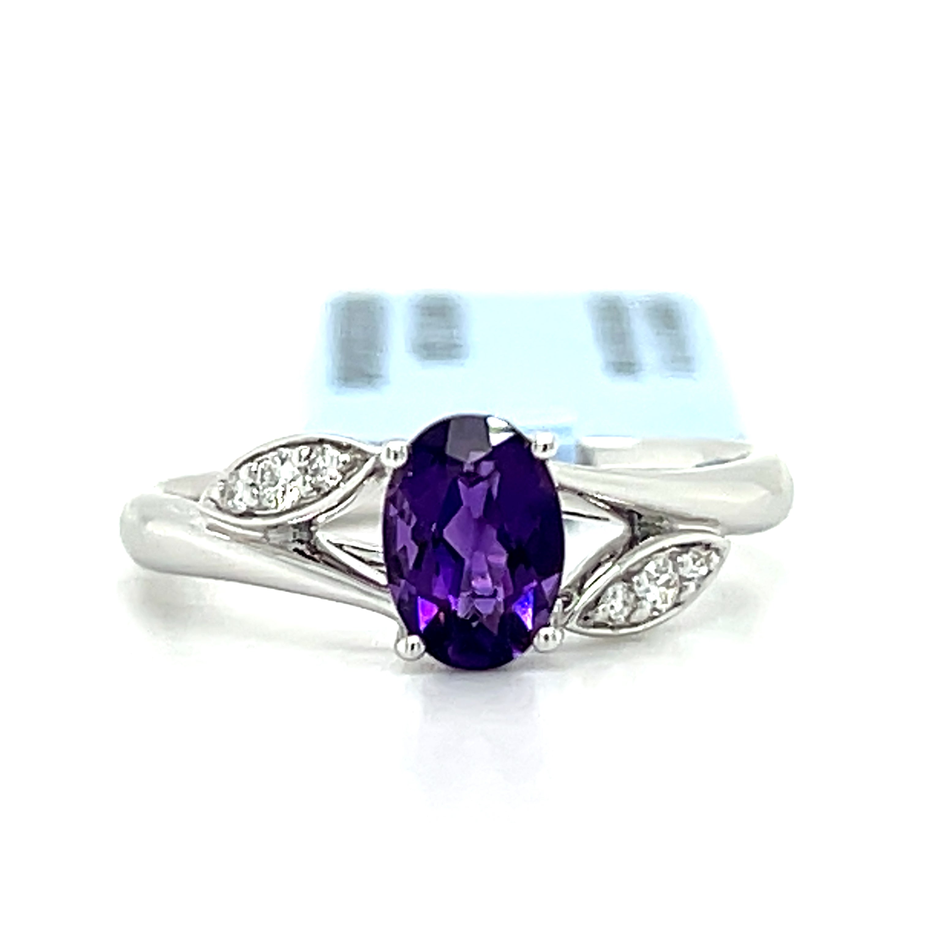 14K White Gold Oval Amethyst Ring with Diamond Accents - Leaf Inspired Split Shank Style