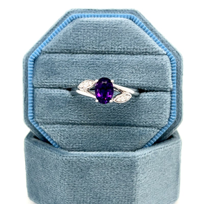 14K White Gold Oval Amethyst Ring with Diamond Accents - Leaf Inspired Split Shank Style