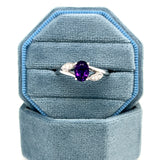 14K White Gold Oval Amethyst Ring with Diamond Accents - Leaf Inspired Split Shank Style