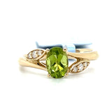 14K Yellow Gold Oval Peridot Ring with Diamond Accents - Leaf Inspired Split Shank