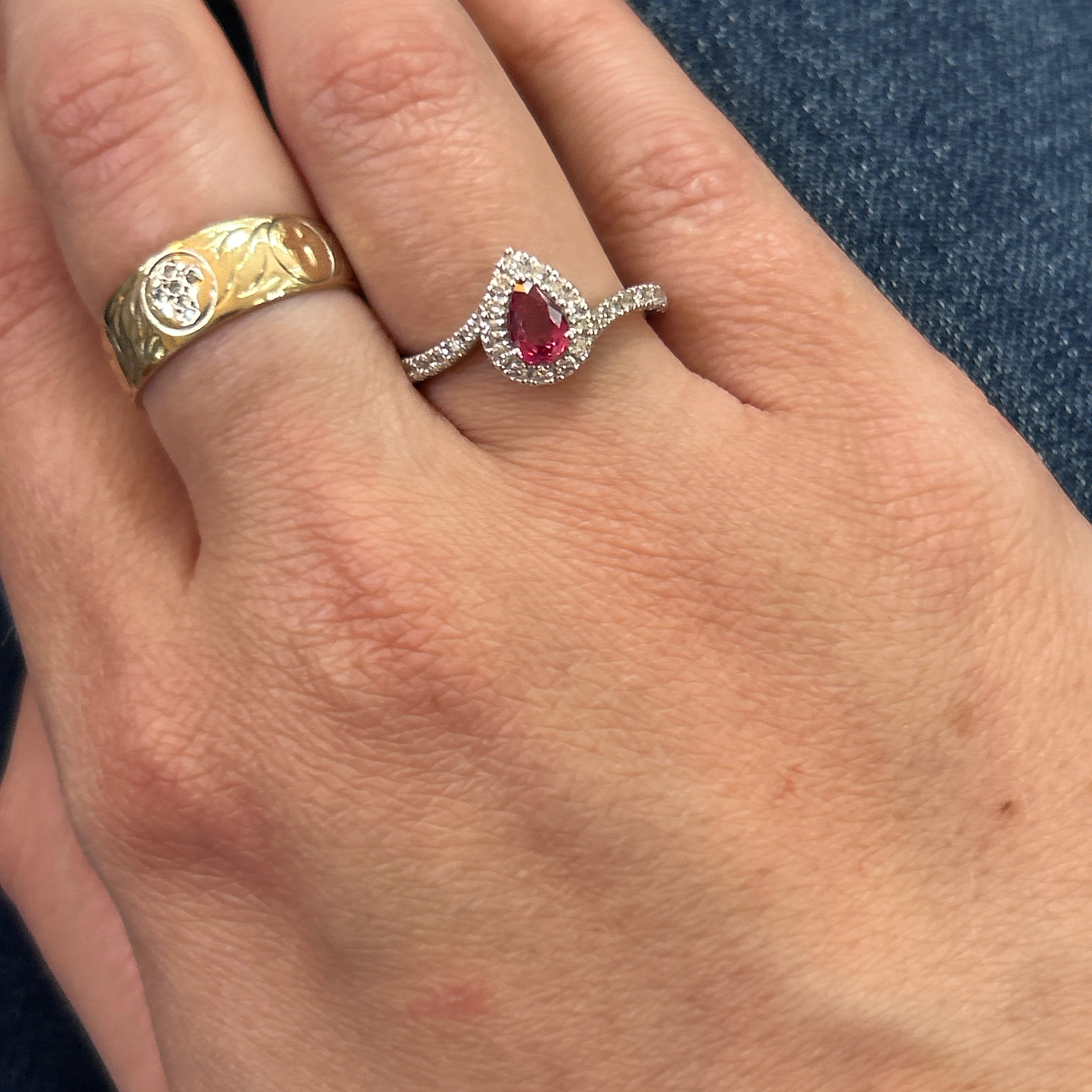 14K White Gold Pear Cut Ruby Ring with Diamond Accents - Bypass Style