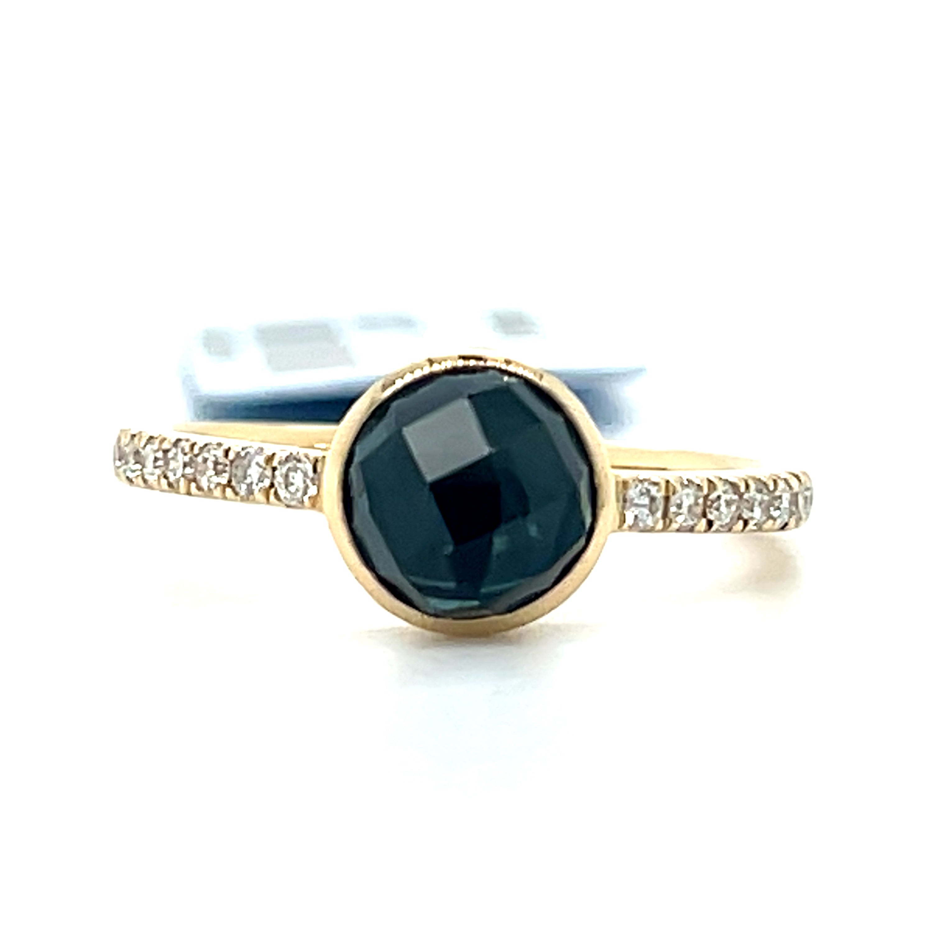 14K Yellow Gold 1.87CT (1) London Blue Topaz & 0.15 Carat Total Weight (14) Round Diamond Rings