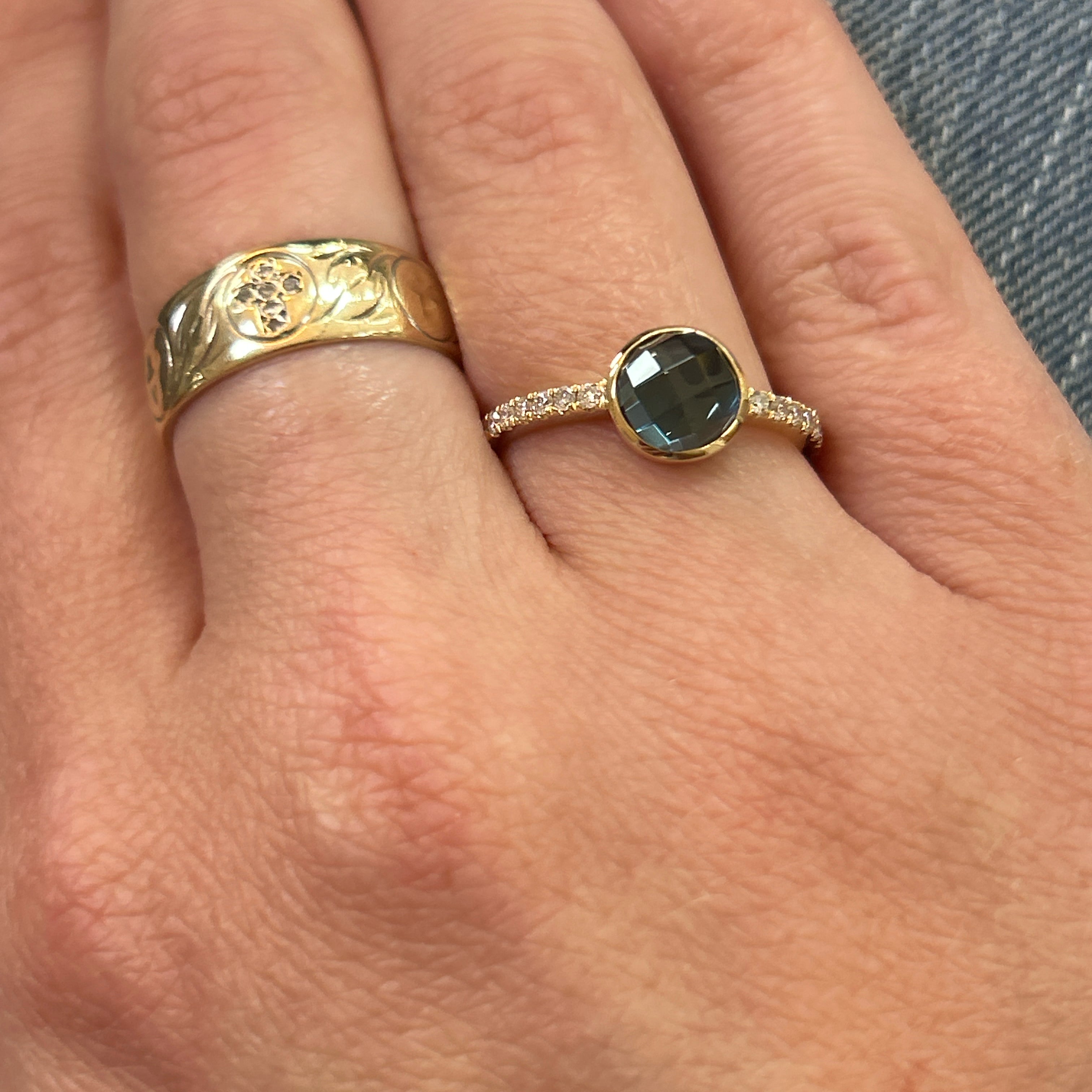 14K Yellow Gold 1.87CT (1) London Blue Topaz & 0.15 Carat Total Weight (14) Round Diamond Rings