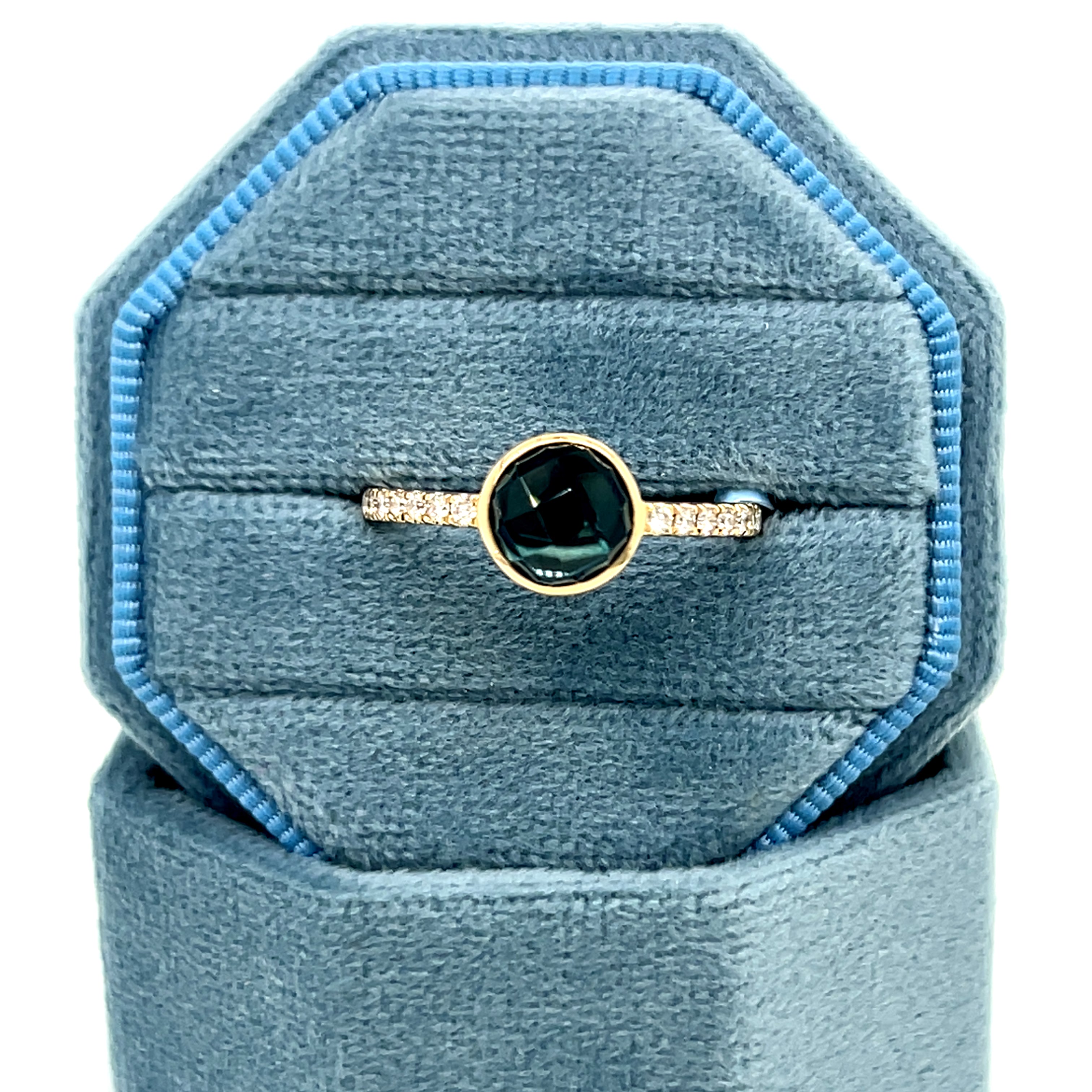 14K Yellow Gold 1.87CT (1) London Blue Topaz & 0.15 Carat Total Weight (14) Round Diamond Rings