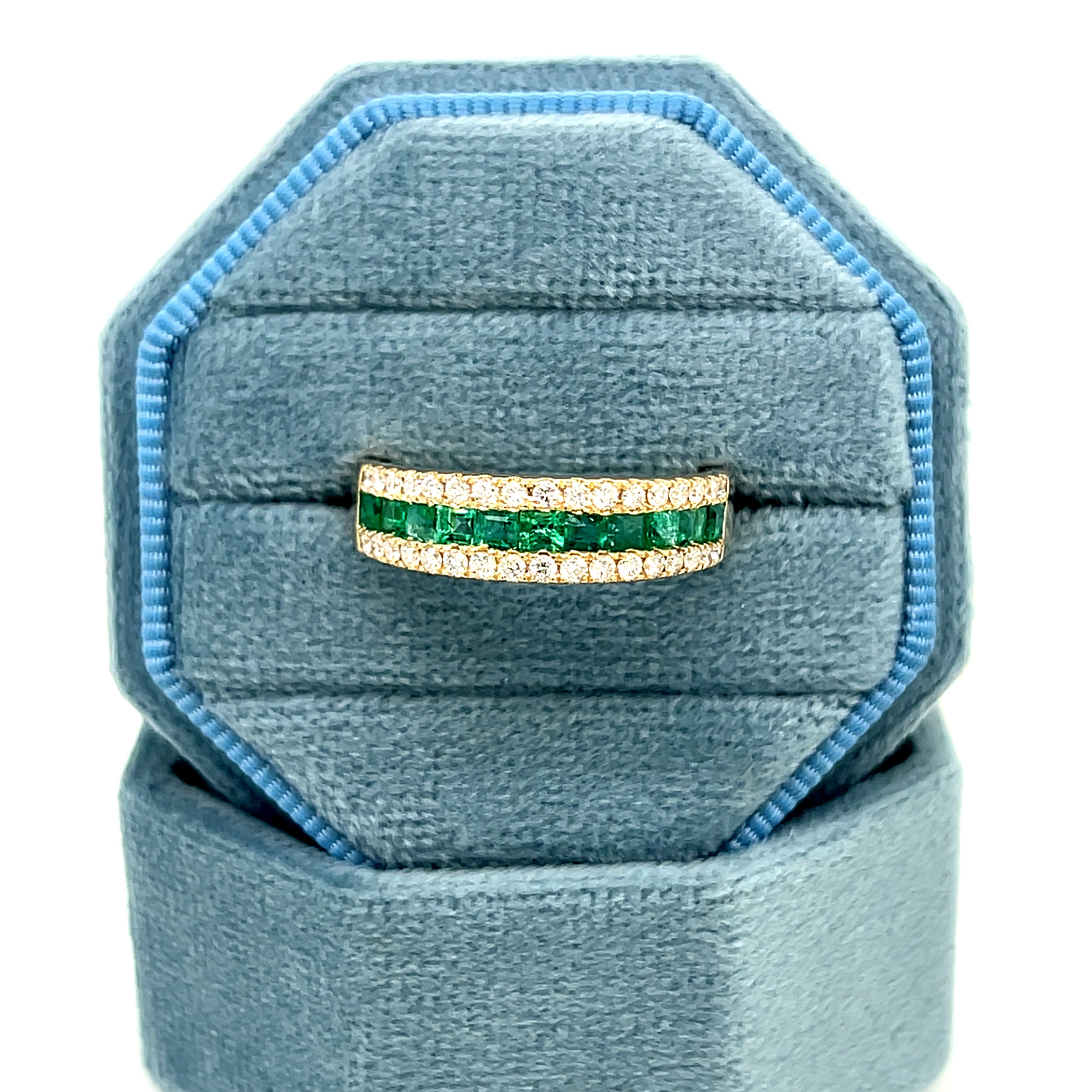 14K Yellow Gold 0.69 Total Gem Weight (11) Square Emerald & 0.35 Carat Total Weight (34) Round Diamond Ring