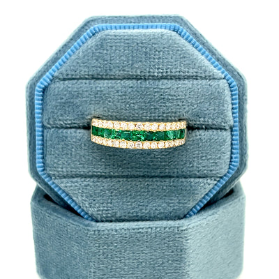 14K Yellow Gold 0.69 Total Gem Weight (11) Square Emerald & 0.35 Carat Total Weight (34) Round Diamond Ring