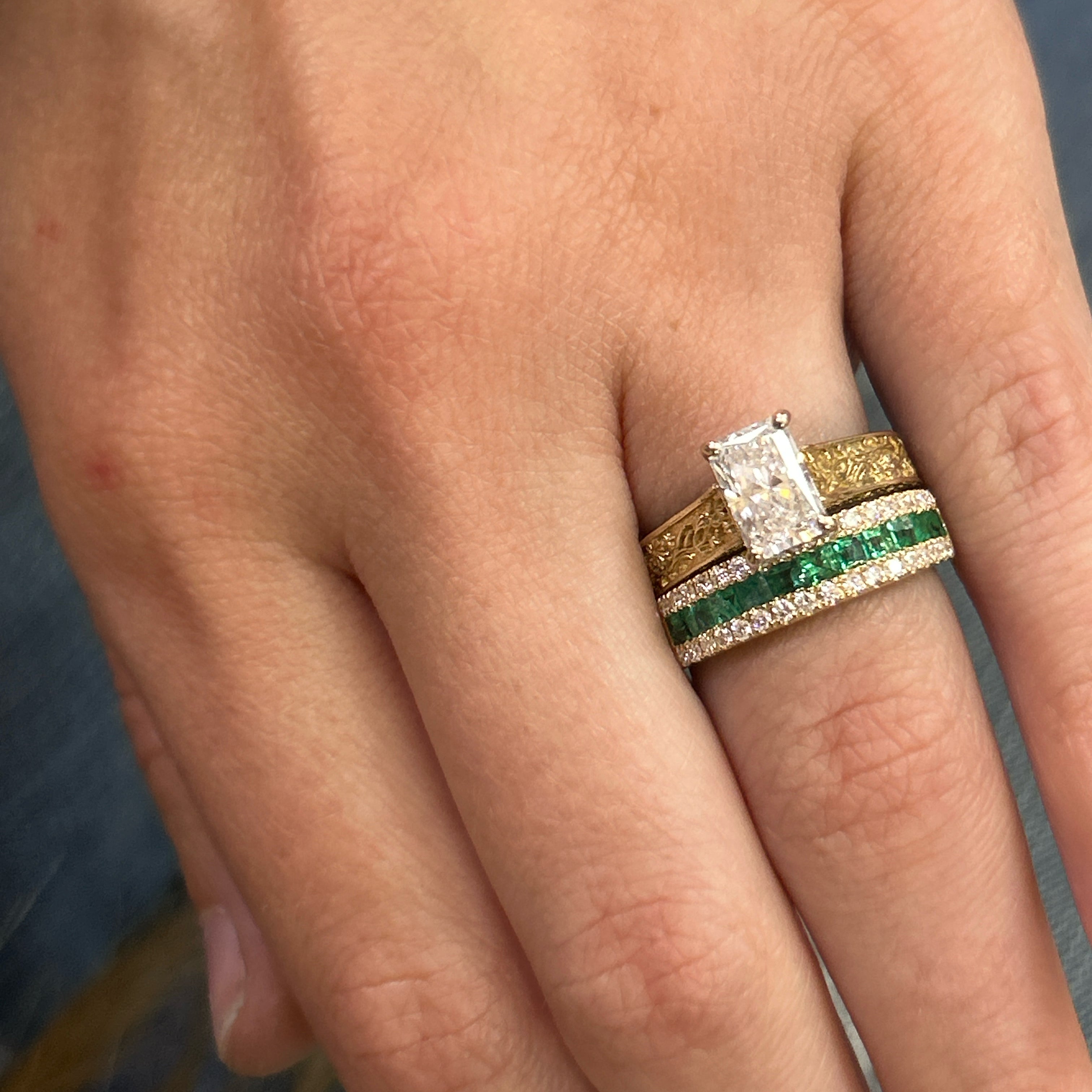 14K Yellow Gold 0.69 Total Gem Weight (11) Square Emerald & 0.35 Carat Total Weight (34) Round Diamond Ring