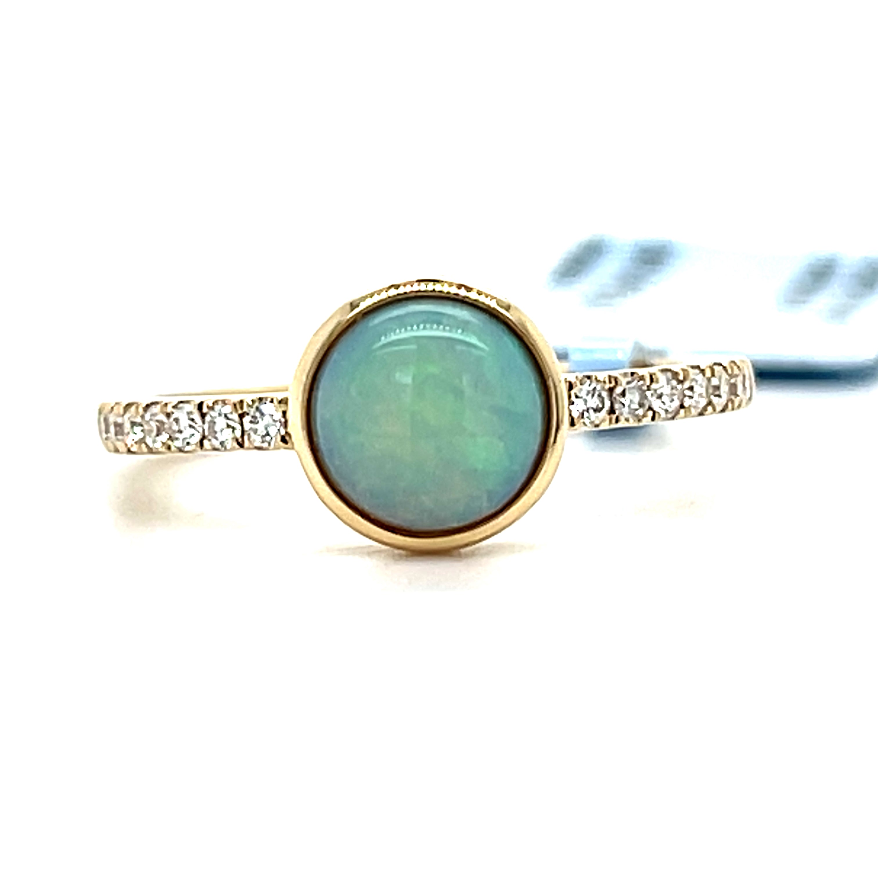 14K Yellow Gold+B 0.85 Total Gem Weight (1) Round Opal & 0.15 Carat Total Weight (14) Round Diamond Ring