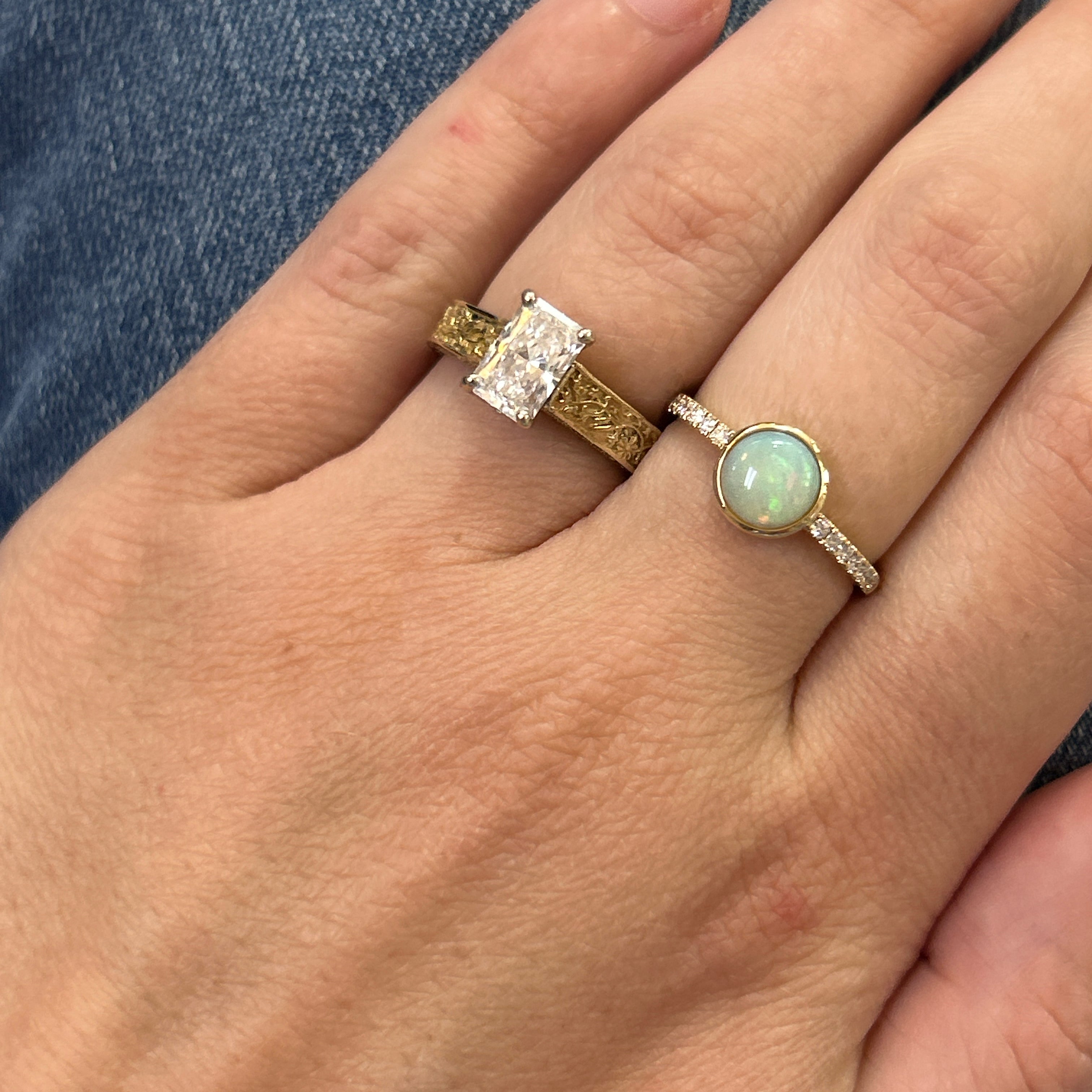 14K Yellow Gold+B 0.85 Total Gem Weight (1) Round Opal & 0.15 Carat Total Weight (14) Round Diamond Ring