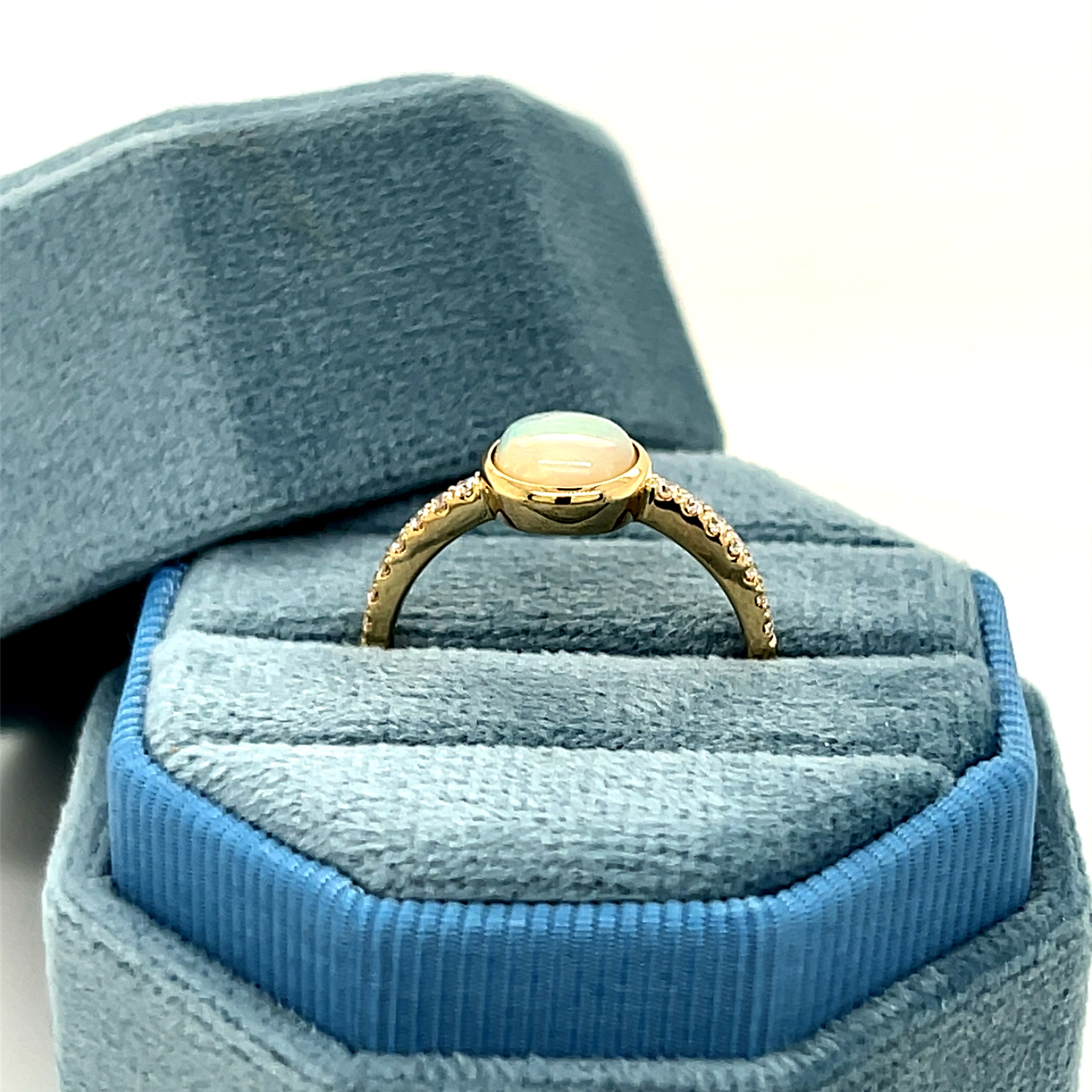 14K Yellow Gold+B 0.85 Total Gem Weight (1) Round Opal & 0.15 Carat Total Weight (14) Round Diamond Ring