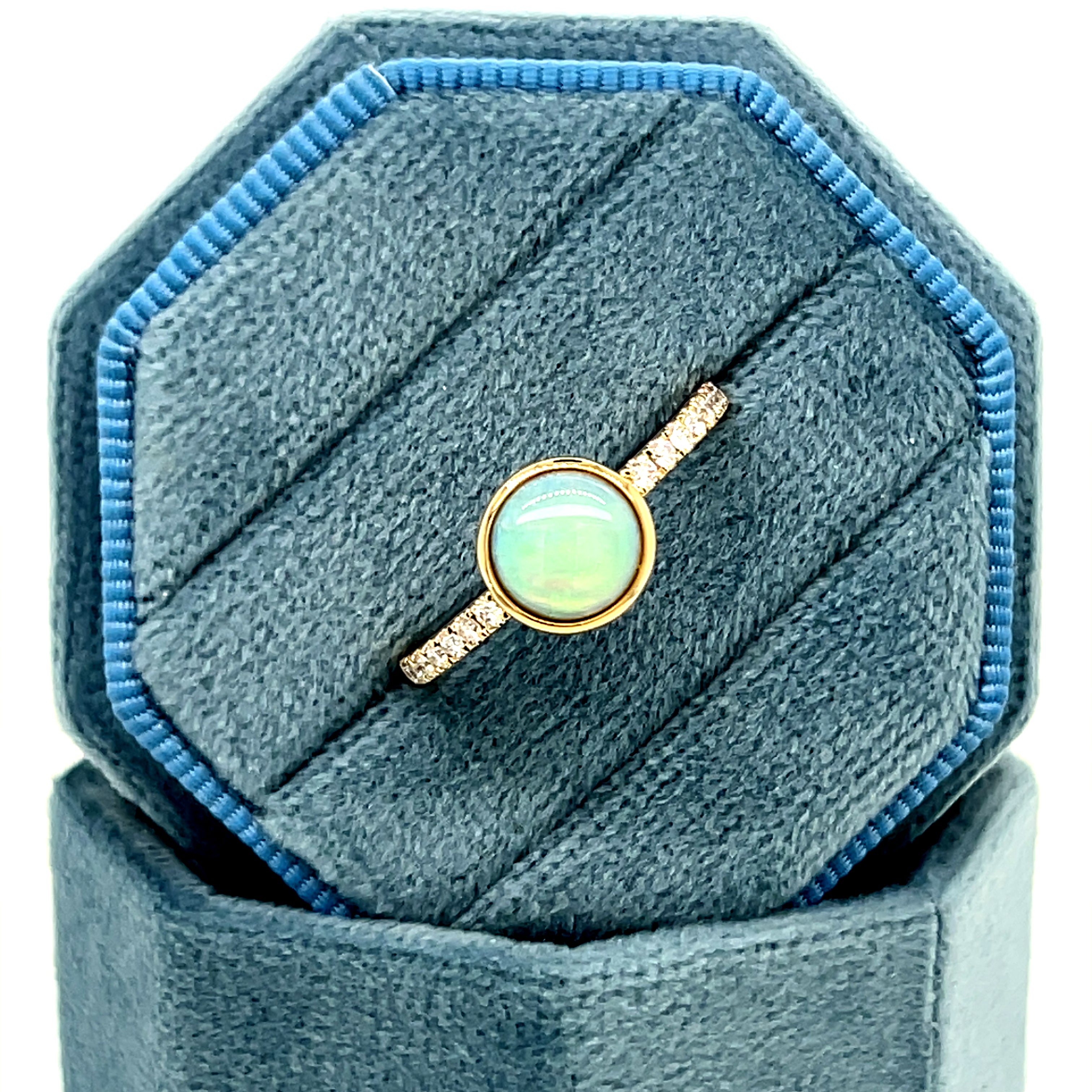 14K Yellow Gold+B 0.85 Total Gem Weight (1) Round Opal & 0.15 Carat Total Weight (14) Round Diamond Ring