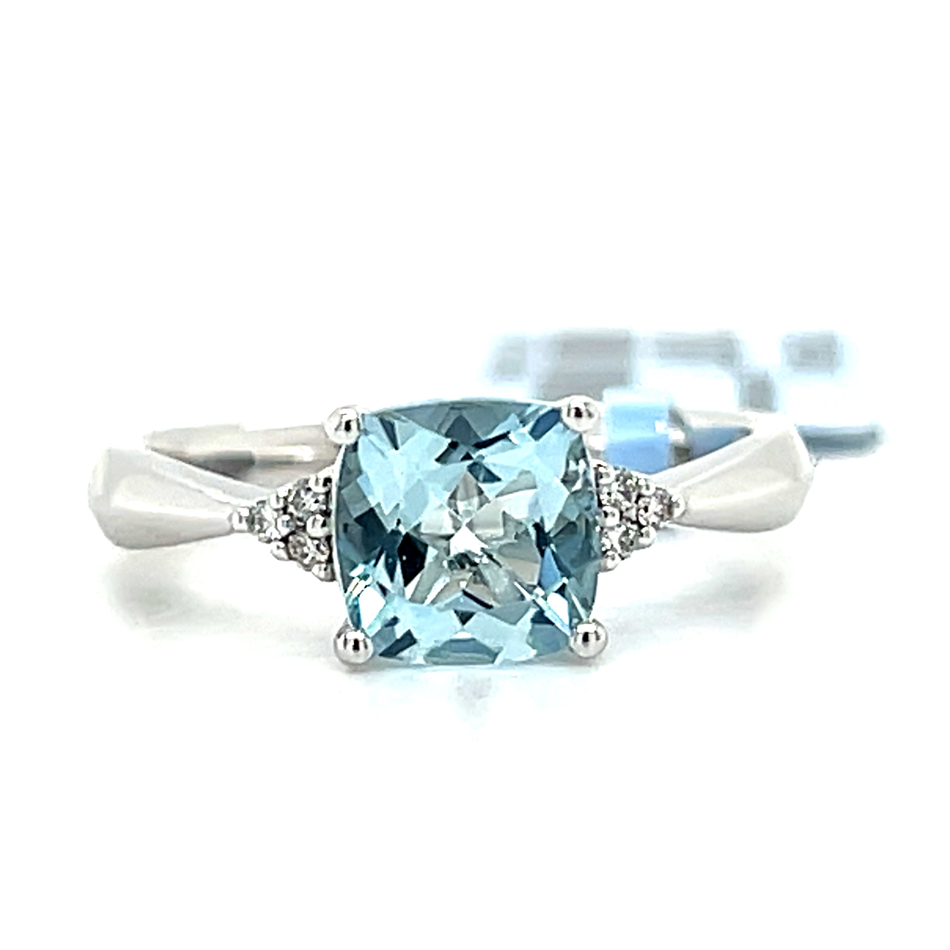 14K White Gold 1.34 Total Gem Weight (1) Cushion Aqum & 0.05 Carat Total Weight (6) Round Diamond Ring