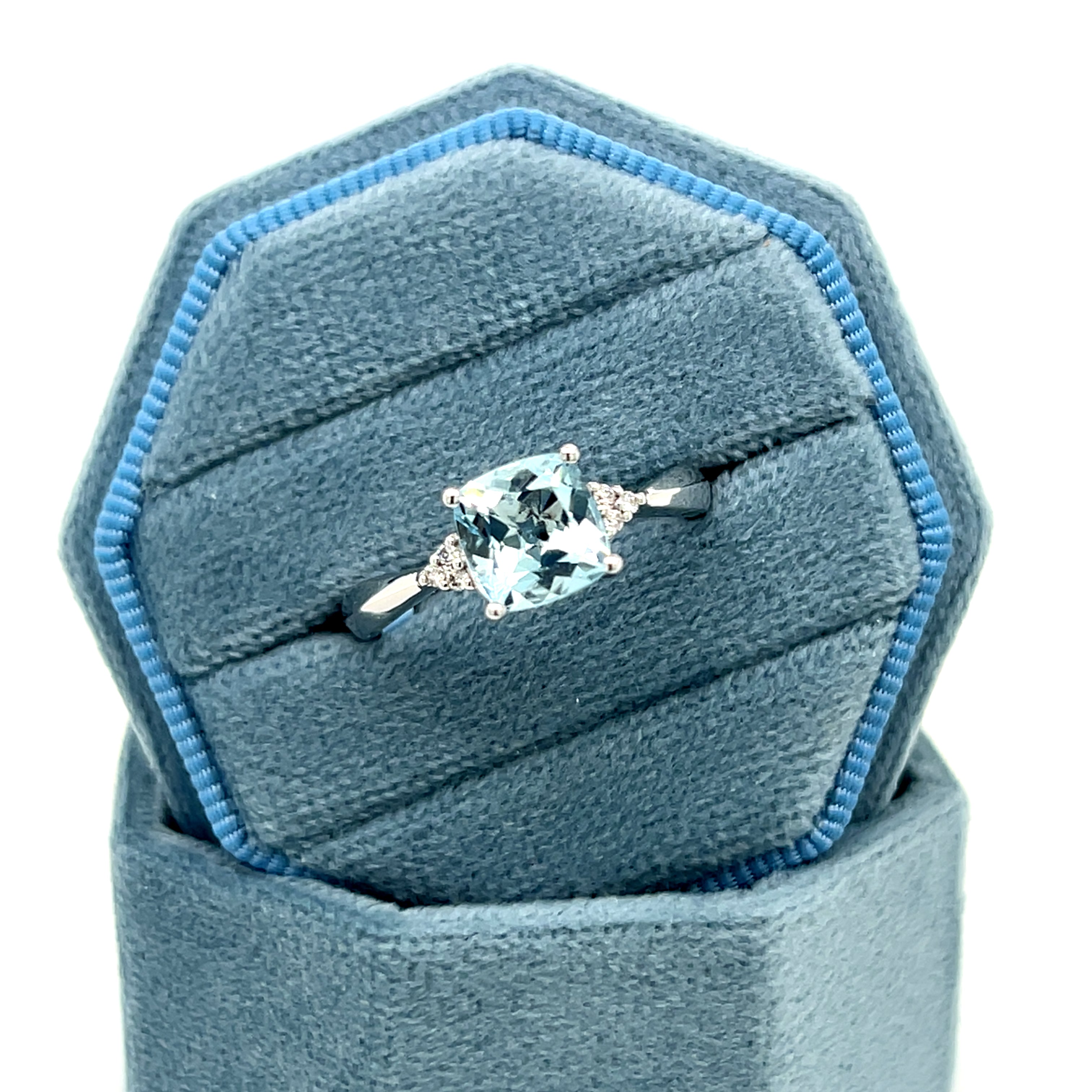 14K White Gold 1.34 Total Gem Weight (1) Cushion Aqum & 0.05 Carat Total Weight (6) Round Diamond Ring