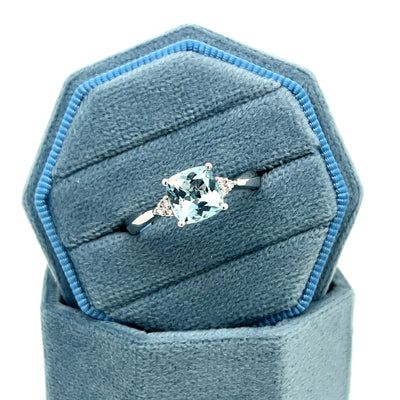 14K White Gold 1.34 Total Gem Weight (1) Cushion Aqum & 0.05 Carat Total Weight (6) Round Diamond Ring