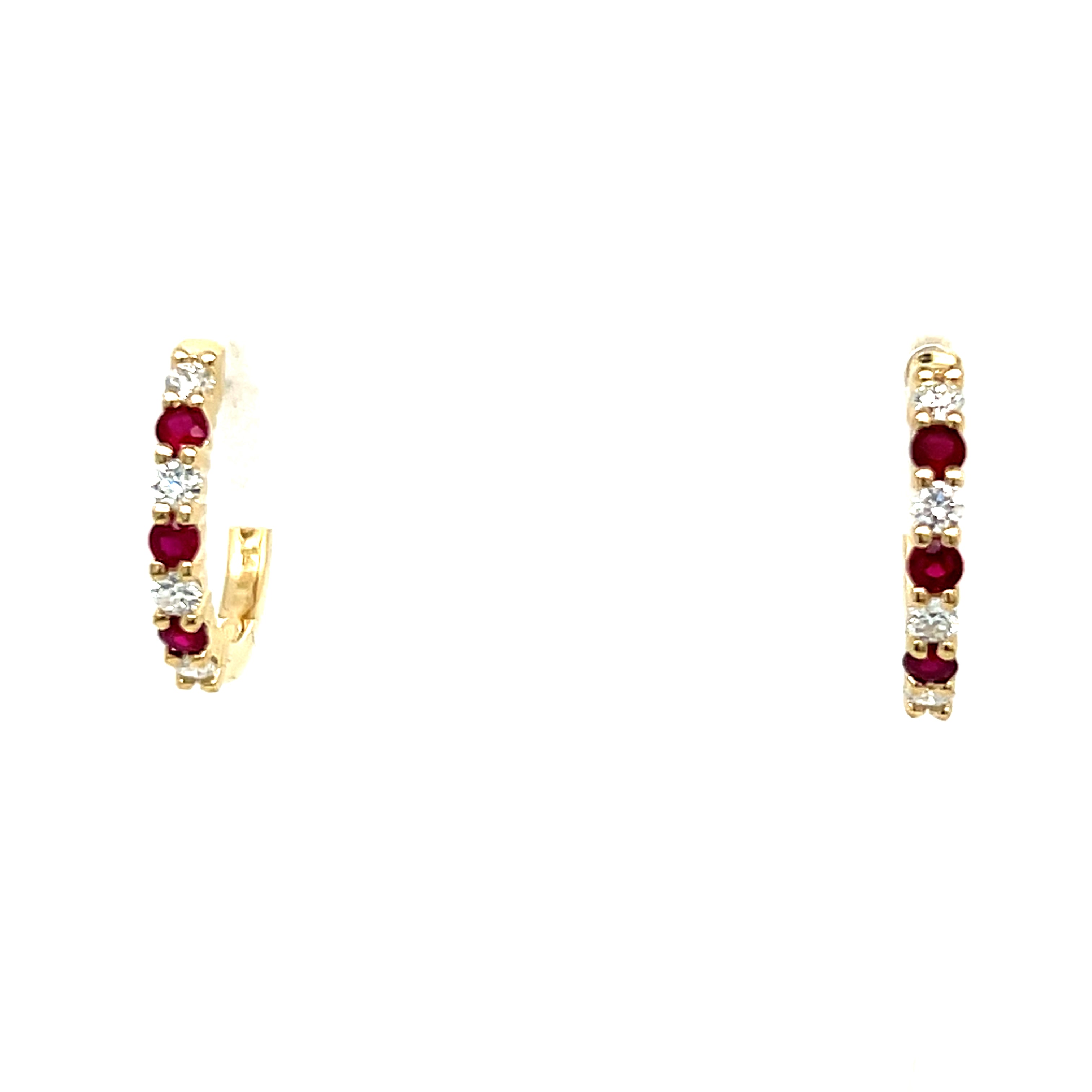 14K Yellow Gold Alternating Ruby & Diamond Hinged Hoop Earrings