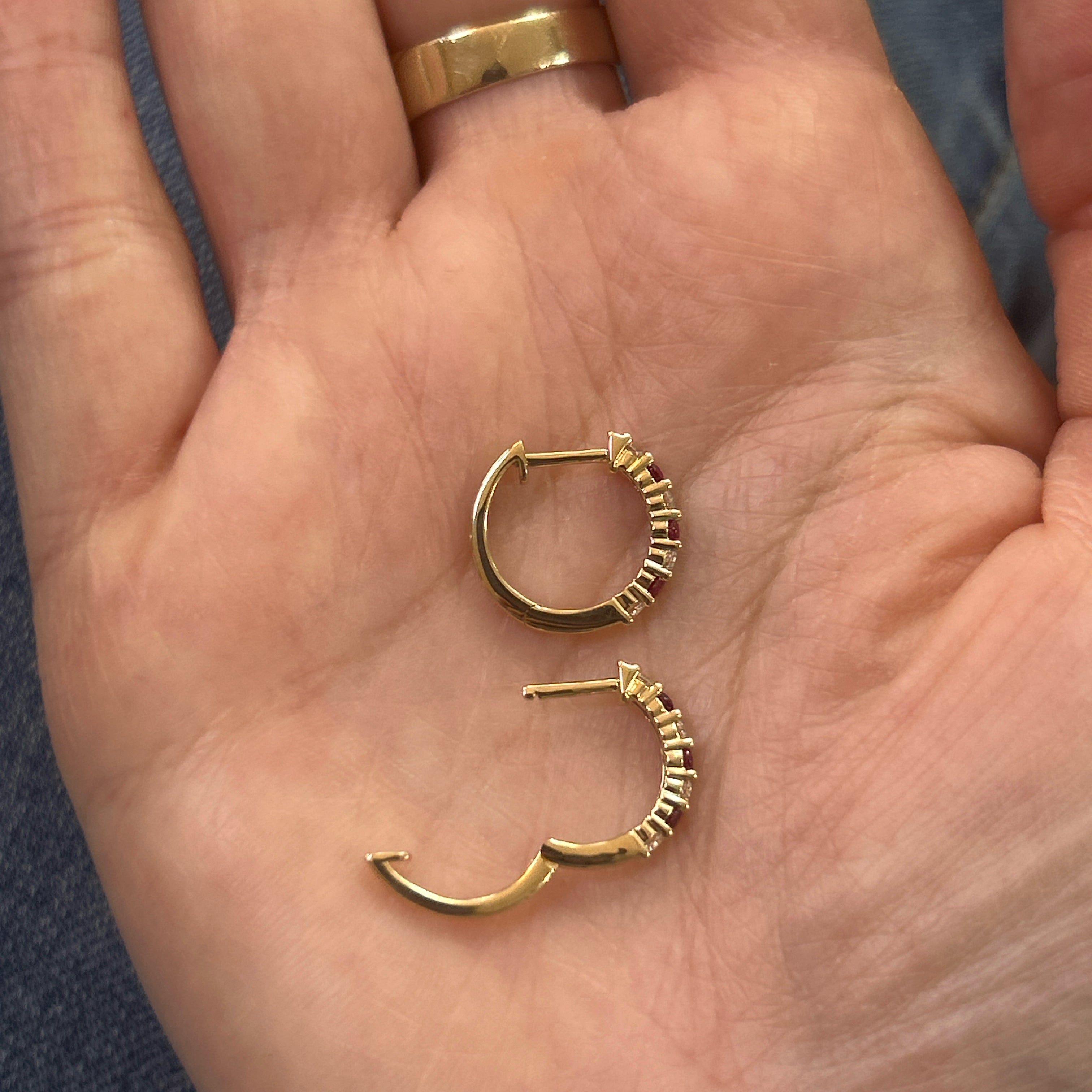 14K Yellow Gold Alternating Ruby & Diamond Hinged Hoop Earrings