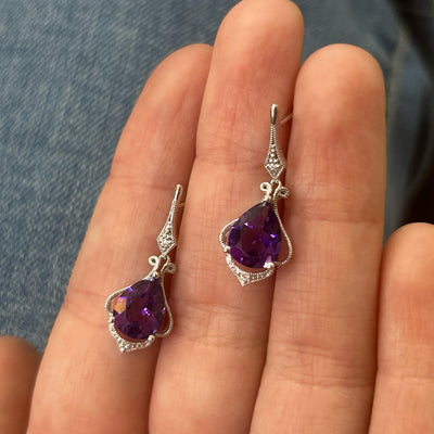 14K White Gold Pear Amethyst and Round Diamond Filigree Dangle Earrings