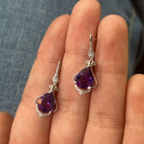 14K White Gold Pear Amethyst and Round Diamond Filigree Dangle Earrings
