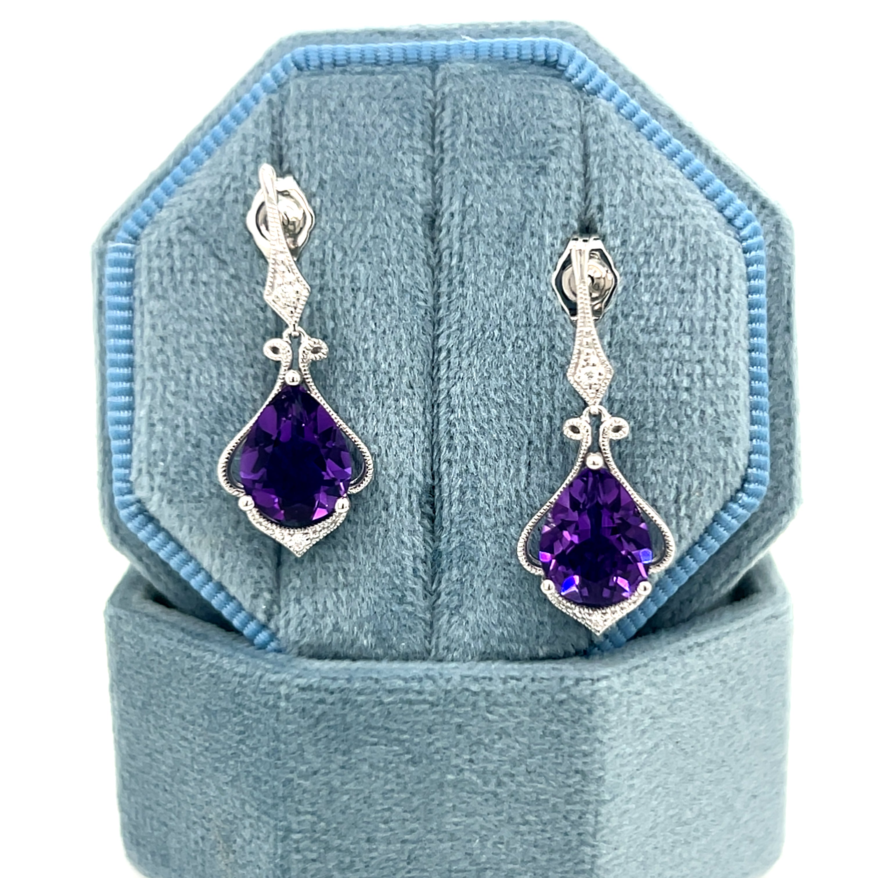 14K White Gold Pear Amethyst and Round Diamond Filigree Dangle Earrings